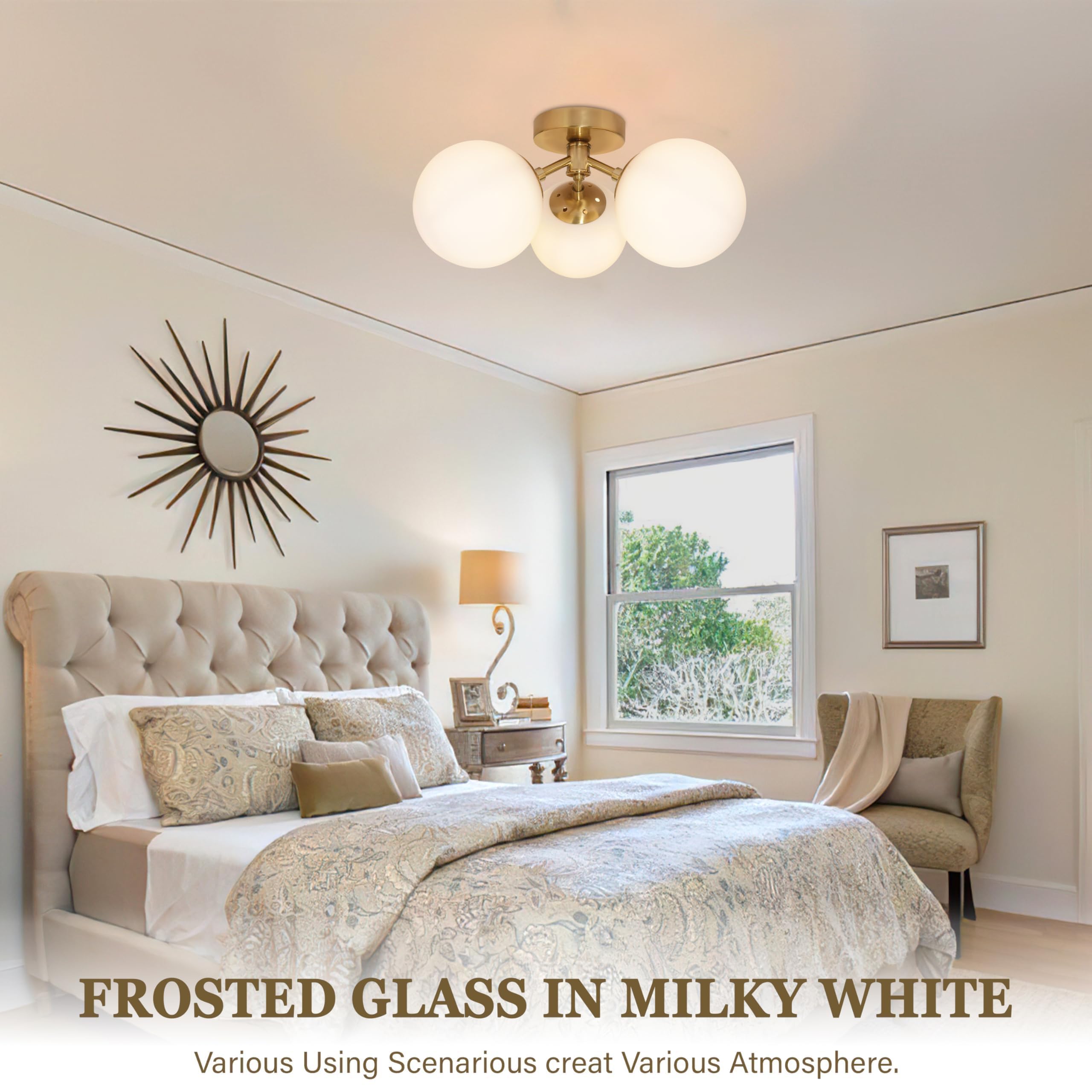 Bagood 3 Light Mid Century Modern Gold Globe Semi Flush Mount Ceiling Brass Chandelier 3-Light Milk Glass Globe Lights Sputnik C