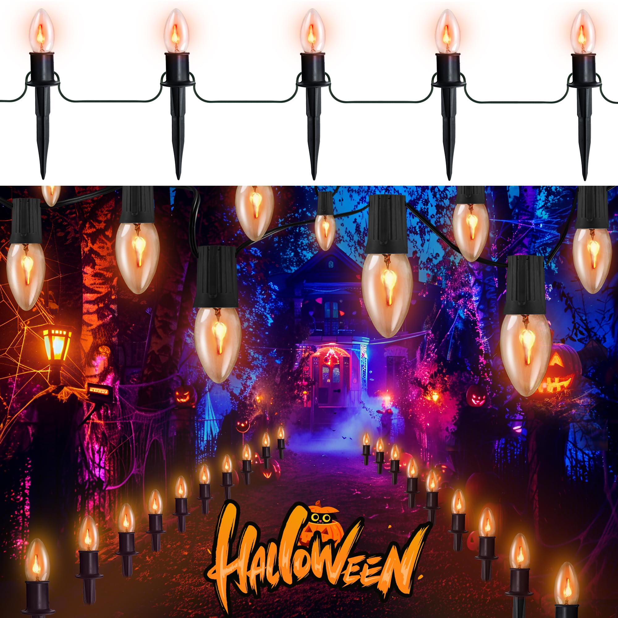 TIORIY Flickering Flame String Lights - C9 Pathway Fire Light Strand, Clear-Red Glass Bulbs, Model BW-C9-A1-1-20, Outdoor Halloween Decor