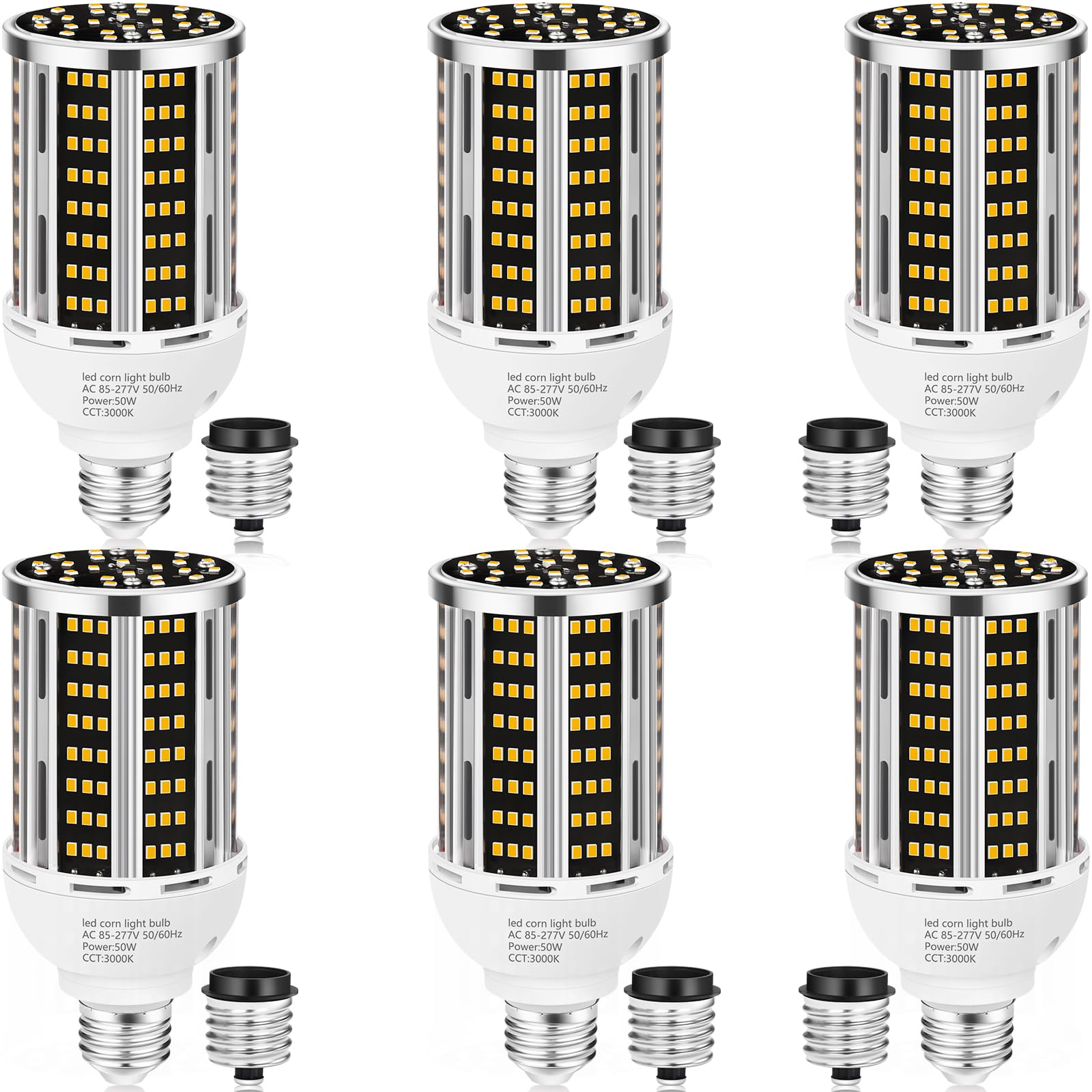 50W 6 pack LED Corn Light Bulb 3000K Warm White 6500LM(500W Equivalent ) Commercial GradeE26/E39 Medium Mogul Base LED Lamp Large Area Lights For Outdoor Indoor Garage Warehouse Factory Bay Light