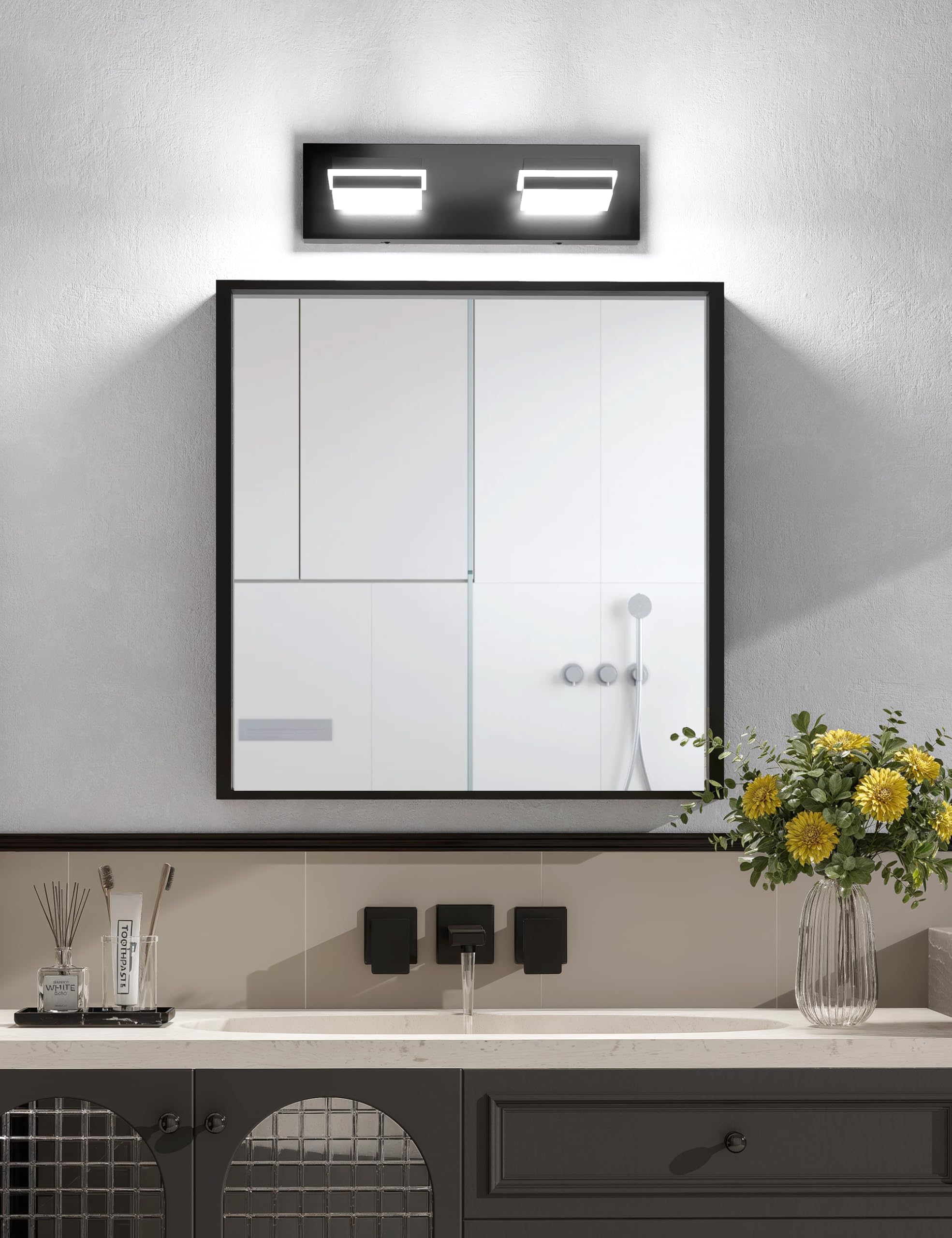 VOLISUN Modern Bathroom Vanity Light Fixtures (2-Light, 15.5-Inch), Matte Black LED Bathroom Lighting Fixtures Over Mirror, 360R