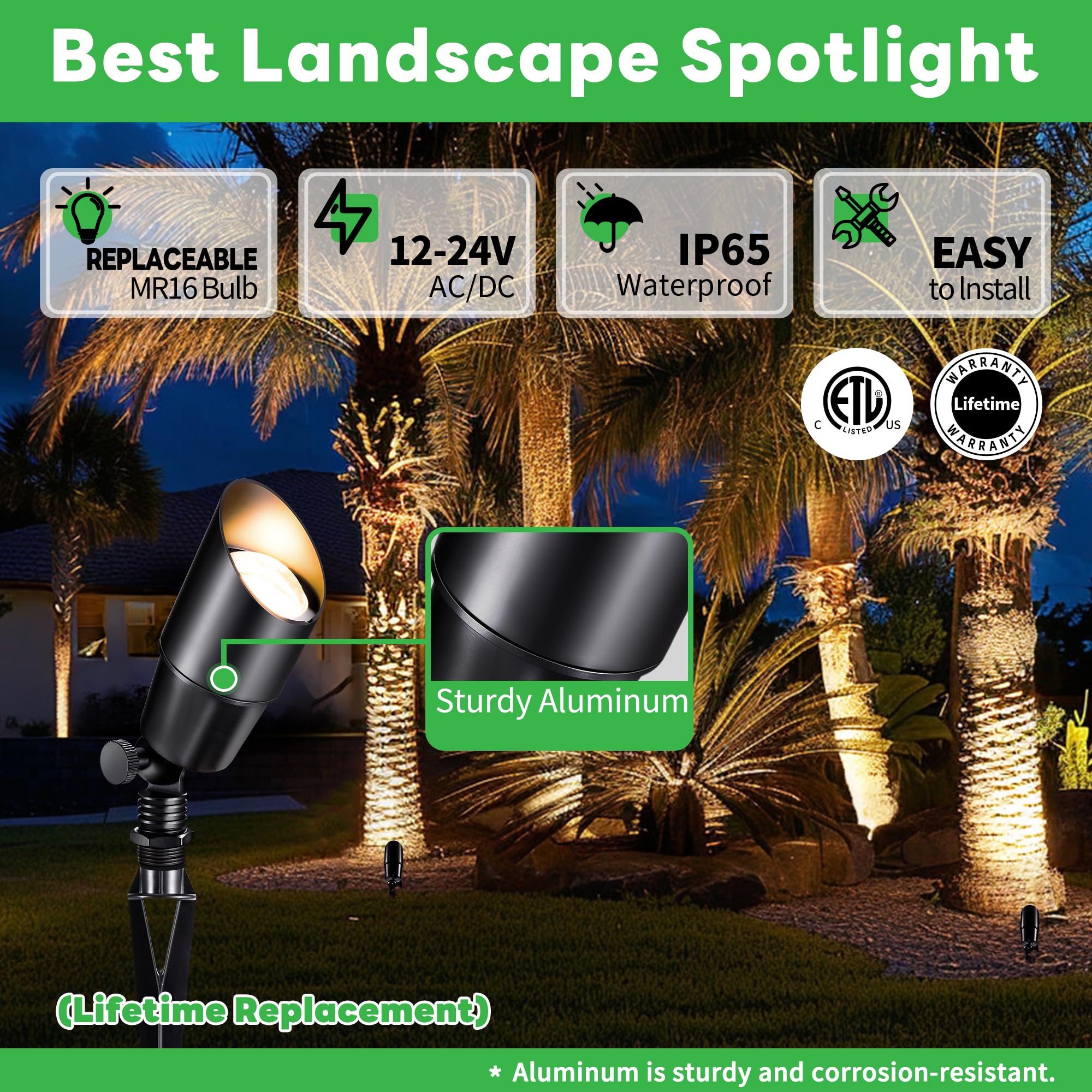 Varmtalys Black 12V Landscape Spotlight, Led Low Voltage Outdoor Light, Aluminum Uplight For Plant Fence Sign Outside Decoration