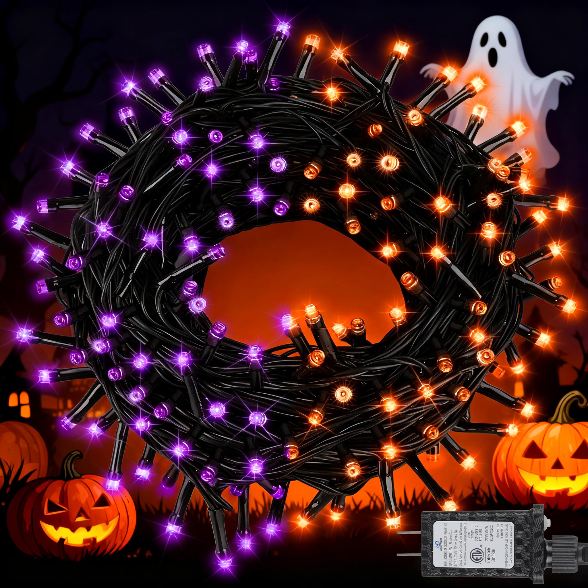 MGYIF Halloween String Lights, 200 LED, Purple and Orange, Waterproof, 8 Modes, Timer, Model CX-36V-5000LHWW