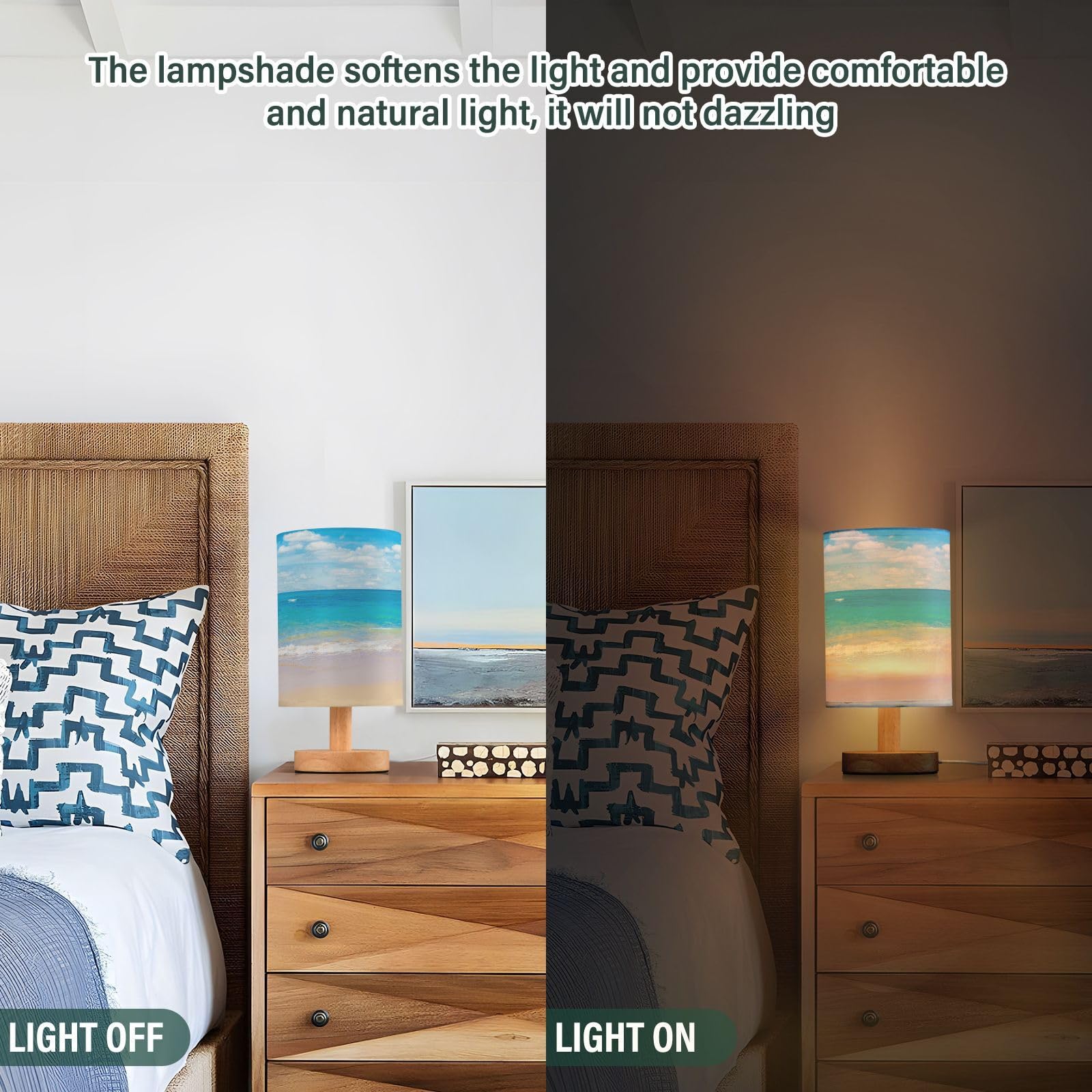 Yyzzh Table Lamp Tropical Sea Summer Blue Ocean With Beach White Cloud On Sky Nightstand Lamp With Wood Base Fabric Lamp Shade B
