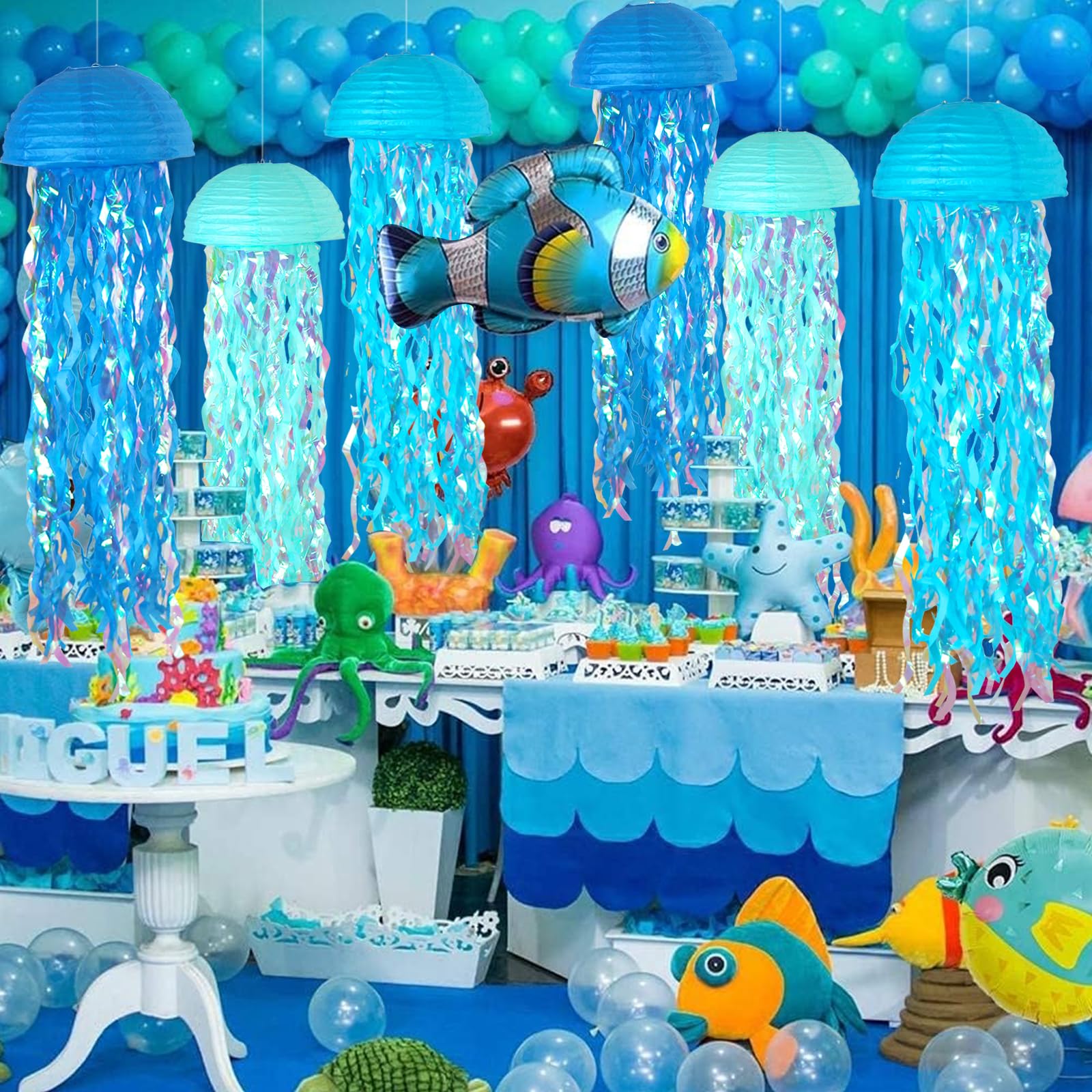 Adlkgg Blue Hanging Jelly Fish Paper Lanterns, Gradient Colorful Paper Lanterns For Mermaid Theme Party Under The Sea Ocean Birt