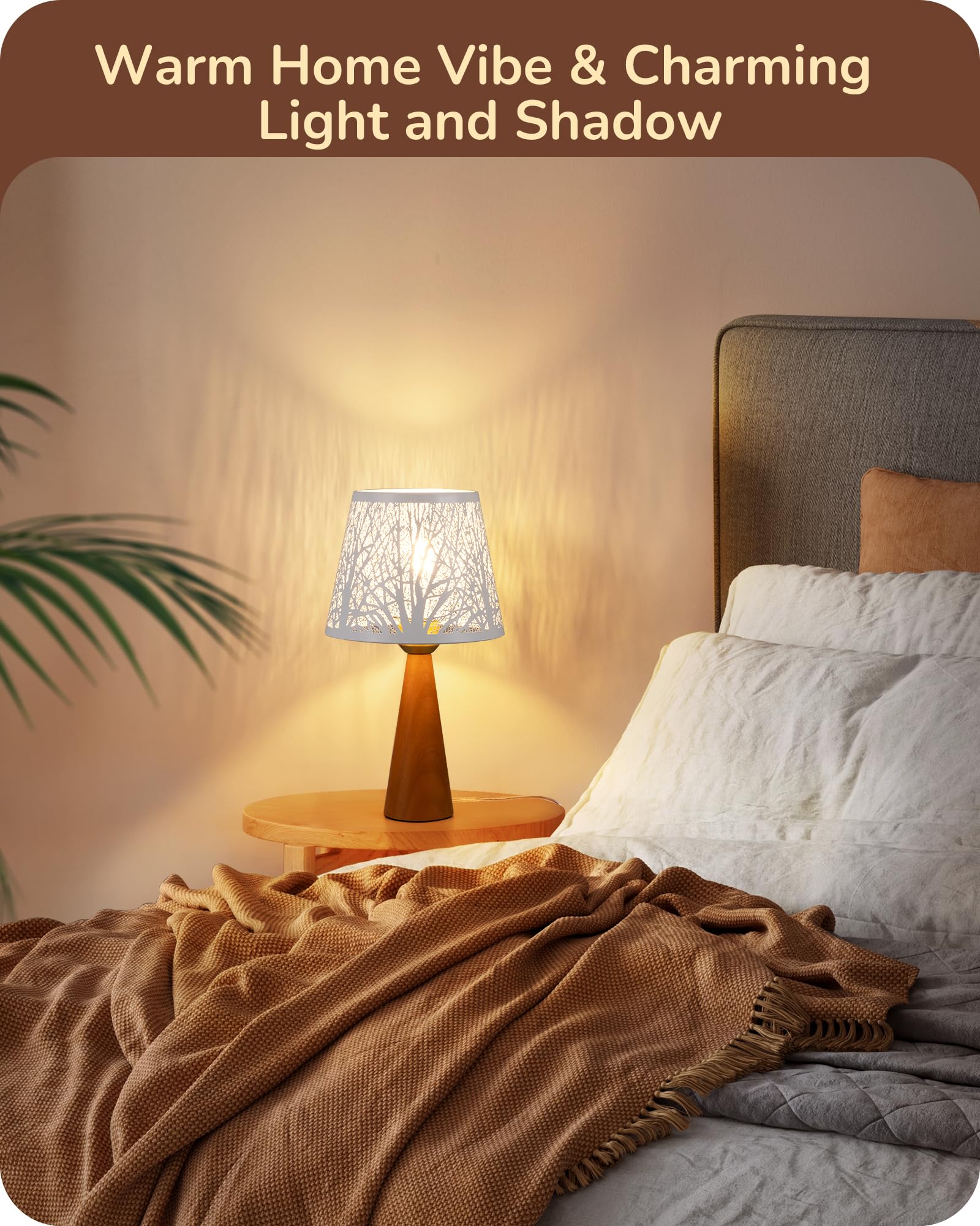 EDISHINE Small Table Lamp, 13.58" Wooden Bedside Lamp, Dark Wood Color, Nightstand Light with ON-Off Switch, E26 Socket