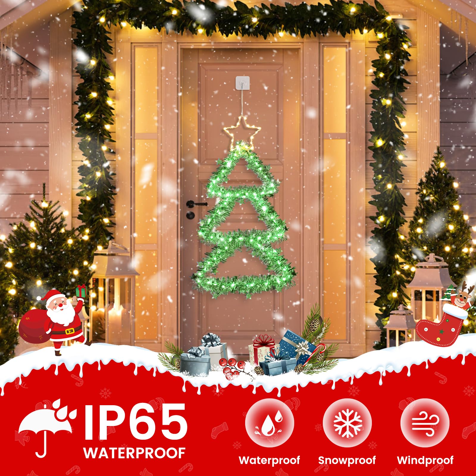 Elktry Led Christmas Decorations Lights, Green Lighted Christmas Tree With Silver Tinsel And Warm White Star Topper, Battery Operated Hanging Lights For Indoor Outdoor, Window Wall Door Home Decor