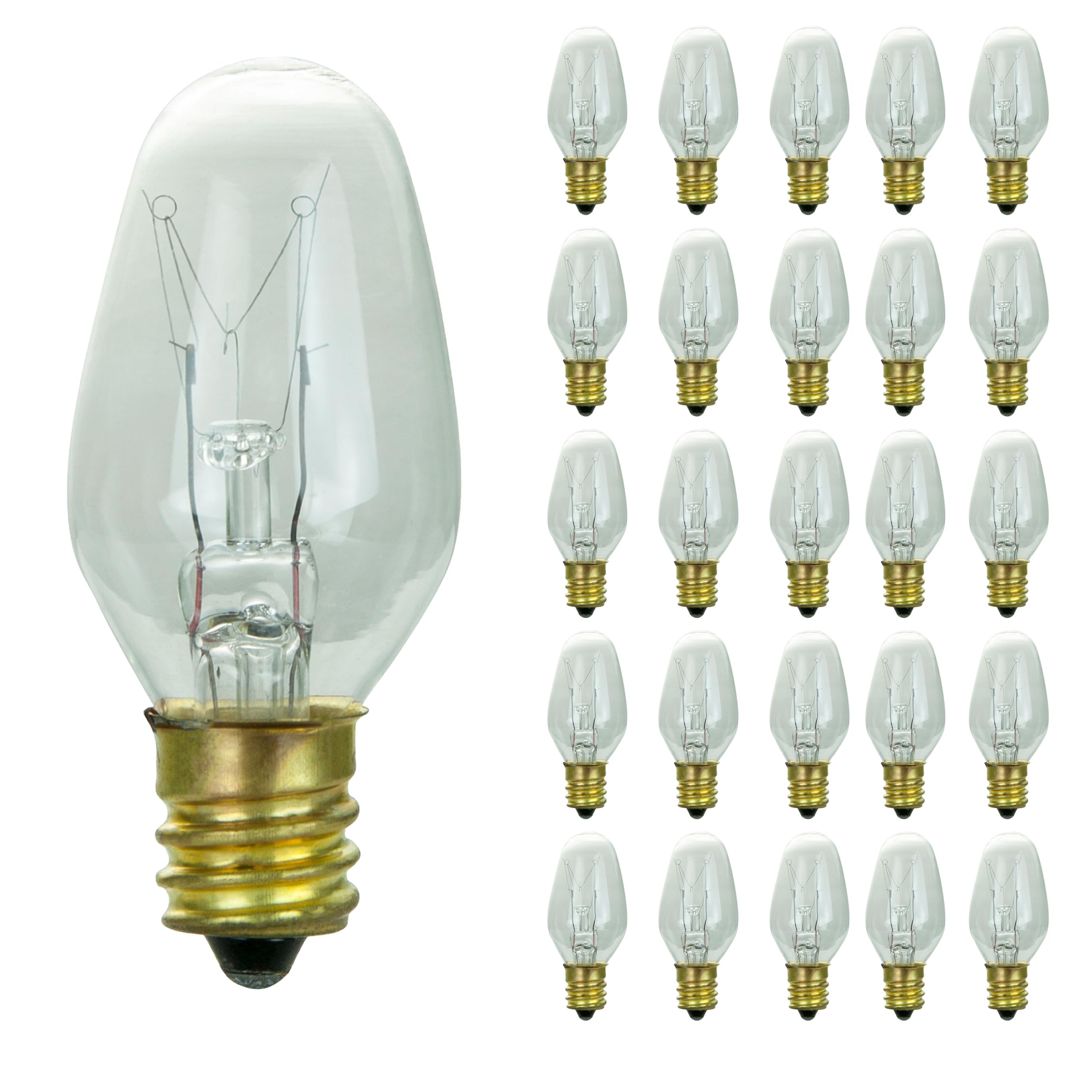 Sunlite 01280 7C7 Incandescent Bulb, 7 Watt, Candelabra E12 Base, C7 Small Night Light, Colored Bulb, Clear, 25 Count