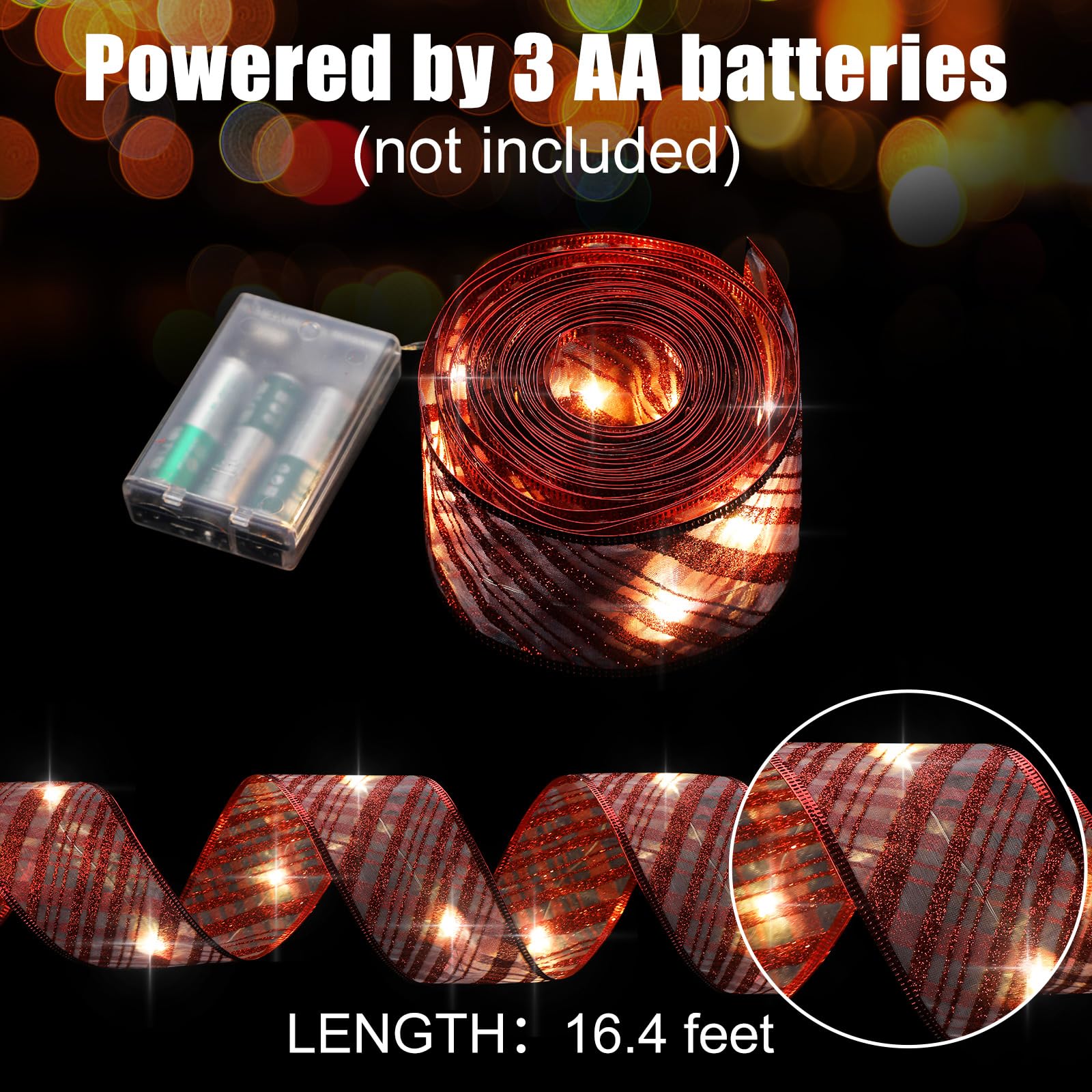 Christmas Ribbon Lights Christmas Lights 16.4 Ft Glow Christmas Tree Ribbon Battery Operated Indoor String Lights For Outdoor Xmas Holiday Party Wedding Garland Lighted Decoration (Red Stripe)