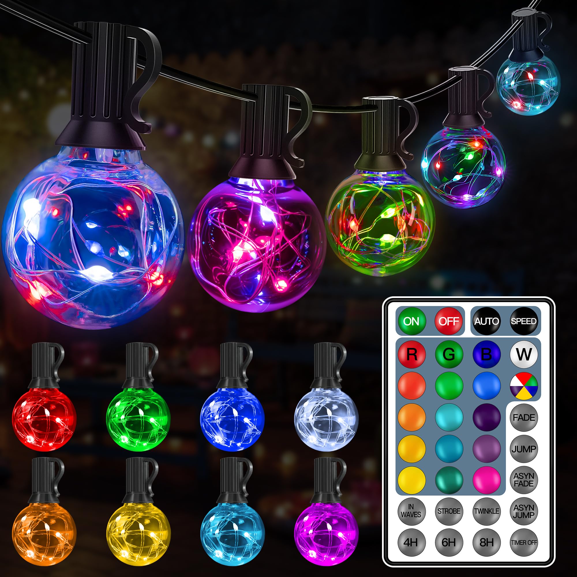 Ollny RGBW Color Changing Outdoor String Lights, 30FT, 30 Bulbs, Waterproof, Shatterproof, Model HG-6V30C10