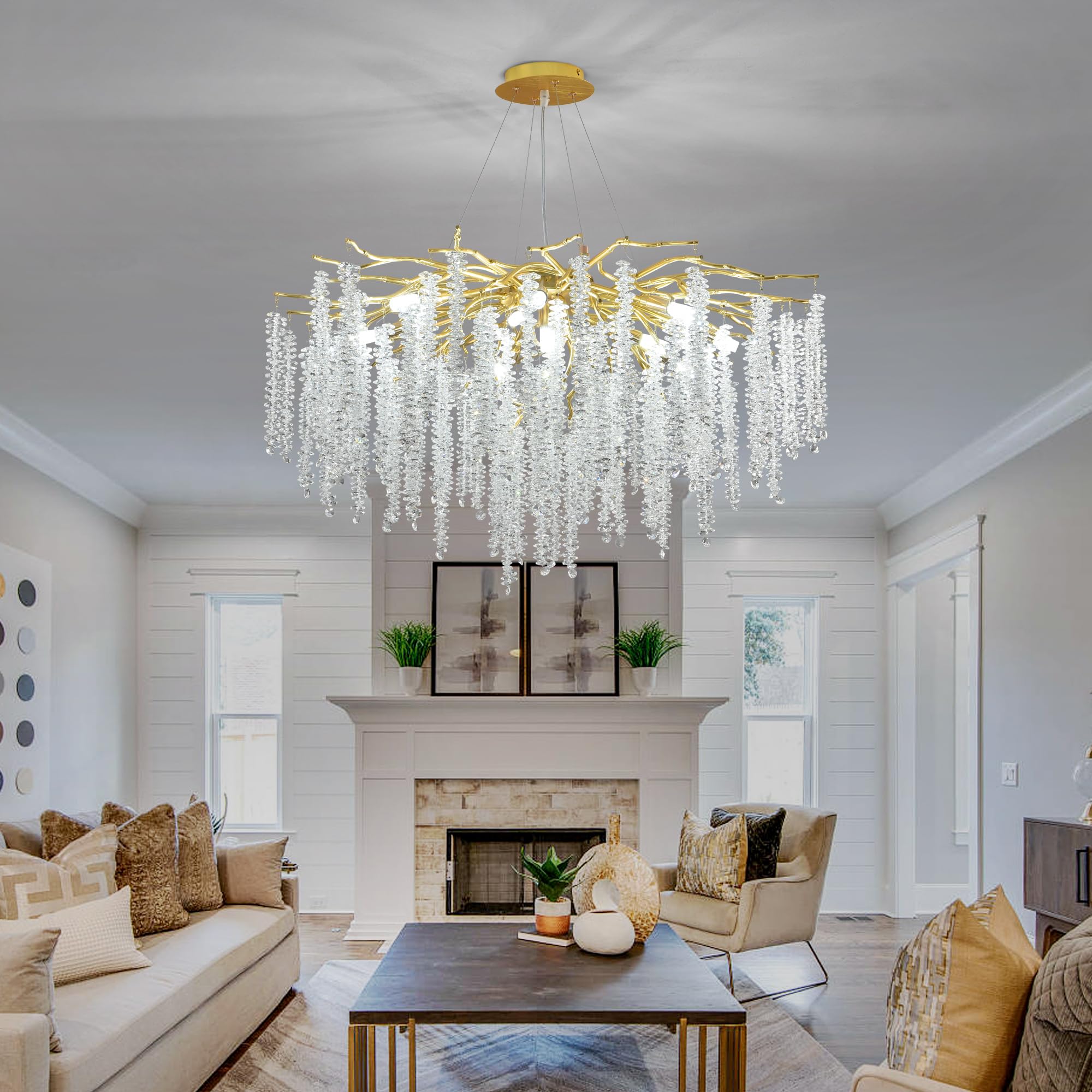 Upfelw Gold Crystal Tree Branch Chandelier, 31.5'' Modern Raindrop Design, 12 Lights for Dining Room, Living Room, Bedroom - Model UBC-G12-0426