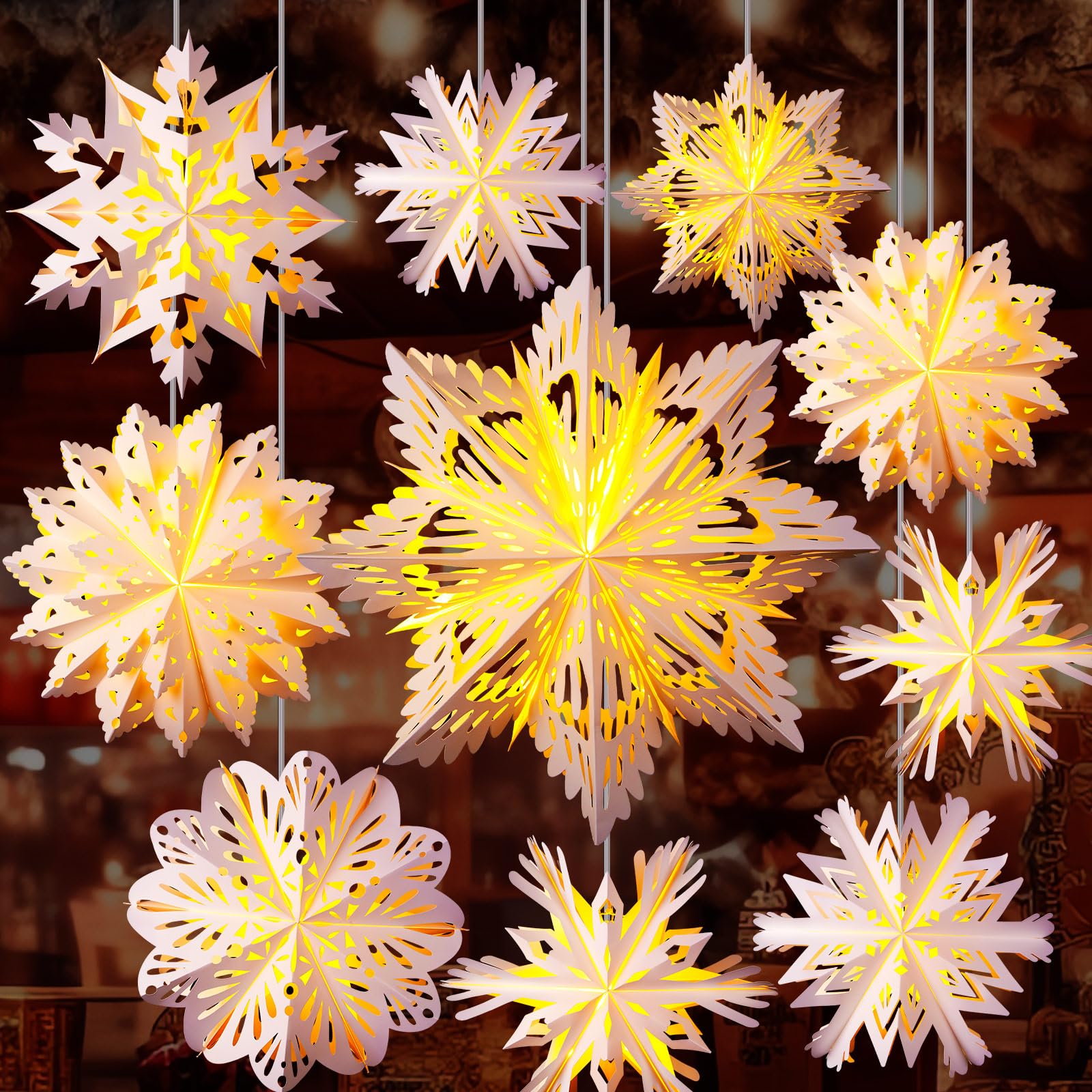 Baquler 12 Pcs Winter Paper Snowflake Lanterns with LED Light 19.7 Large 3D Paper Star Lanterns Hanging Snowflake Lamps for Wi