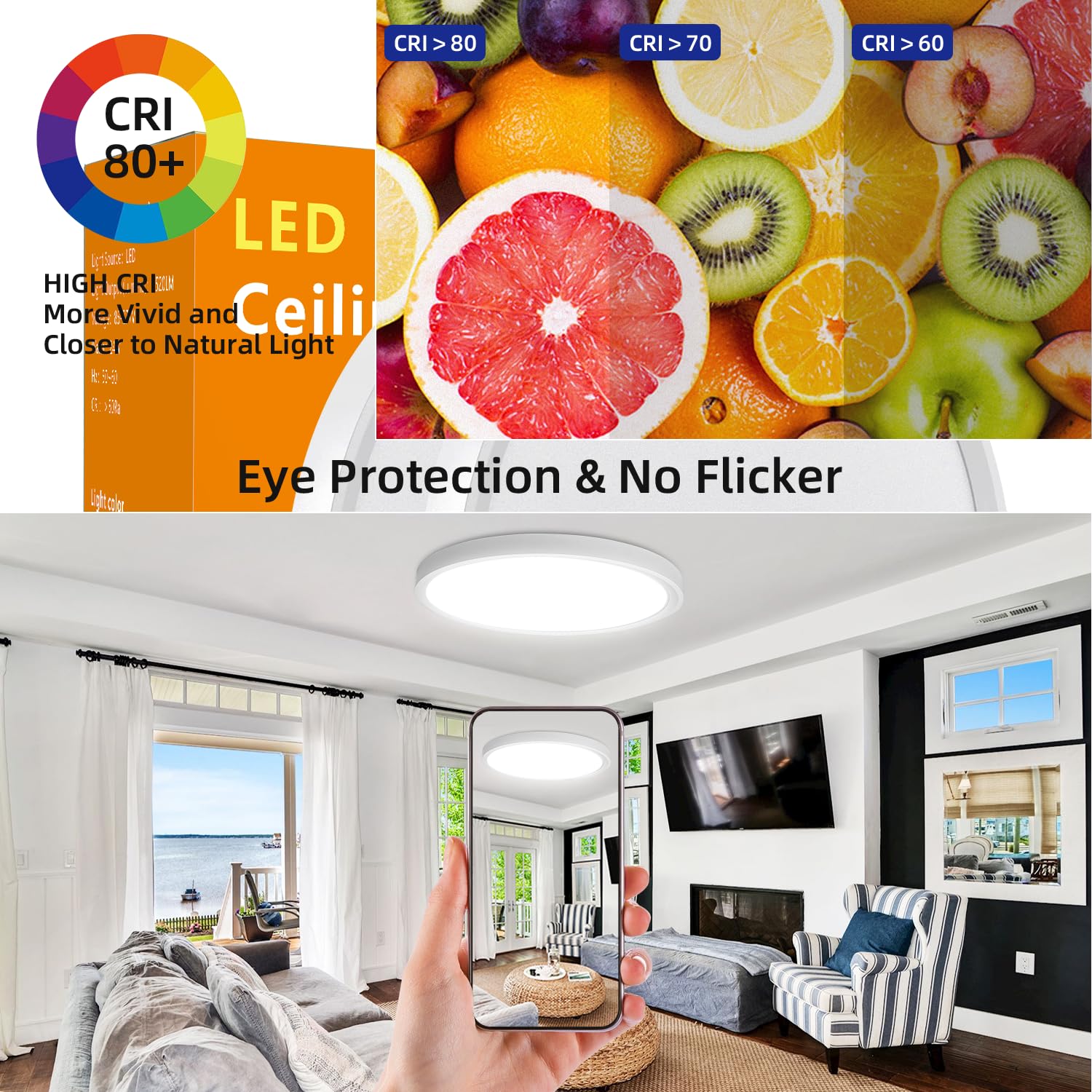 RLEDPZTX 16" LED Flush Mount Ceiling Light, 32W 3480lm, 3CCT Selectable, Modern White Panel, for Living Room, Kitchen, Bedroom (