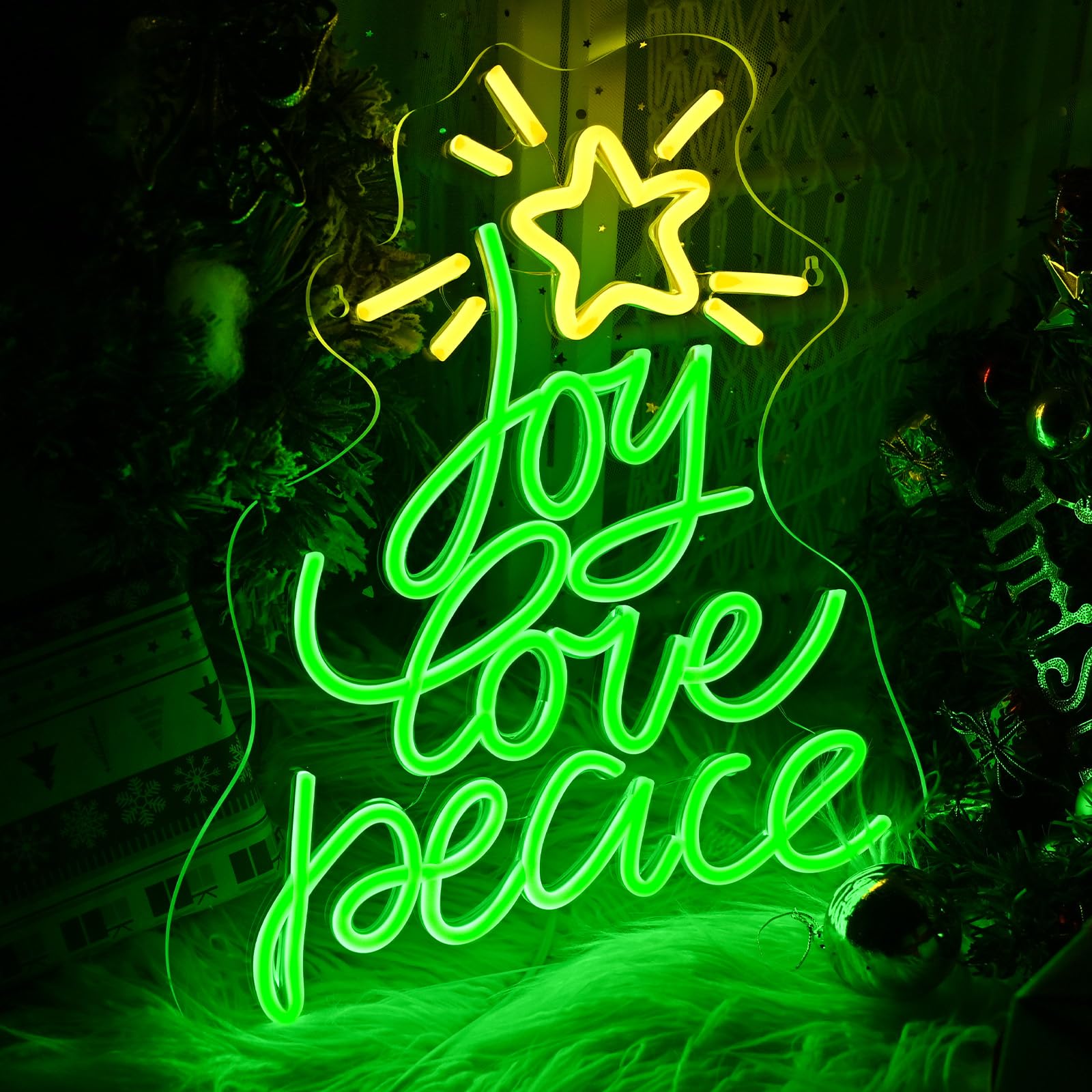 Lingqiang Christmas Tree Neon Sign, USB Powered LED Light, 14.3inx10.6in, Green Yellow - Joy Love Peace, Holiday Wall Decor