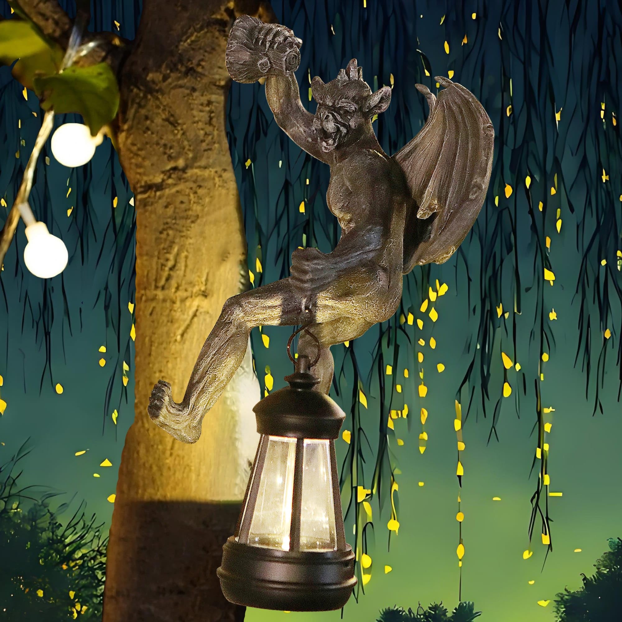 Melnixia Dragon Winged Gargoyle Tree Hugger with Solar Lantern Gothic Lamp Wall Fence Hanger Decor Garden Statue Yard Patio Uniq