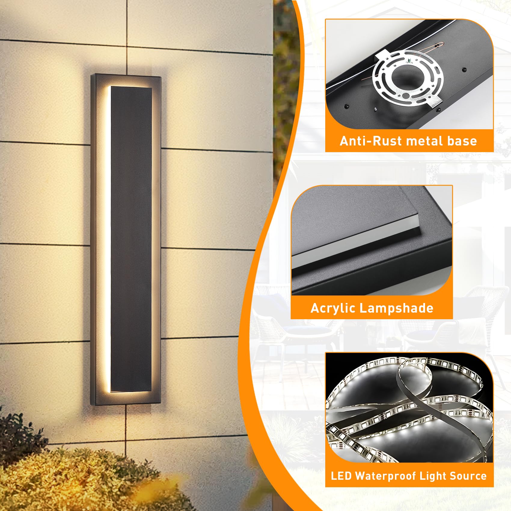 ZSMAIKU 24" Outdoor Sconce Light, Black Iron Waterproof Wall Fixture, Modern Design, Model MK-108-600WHSH-1