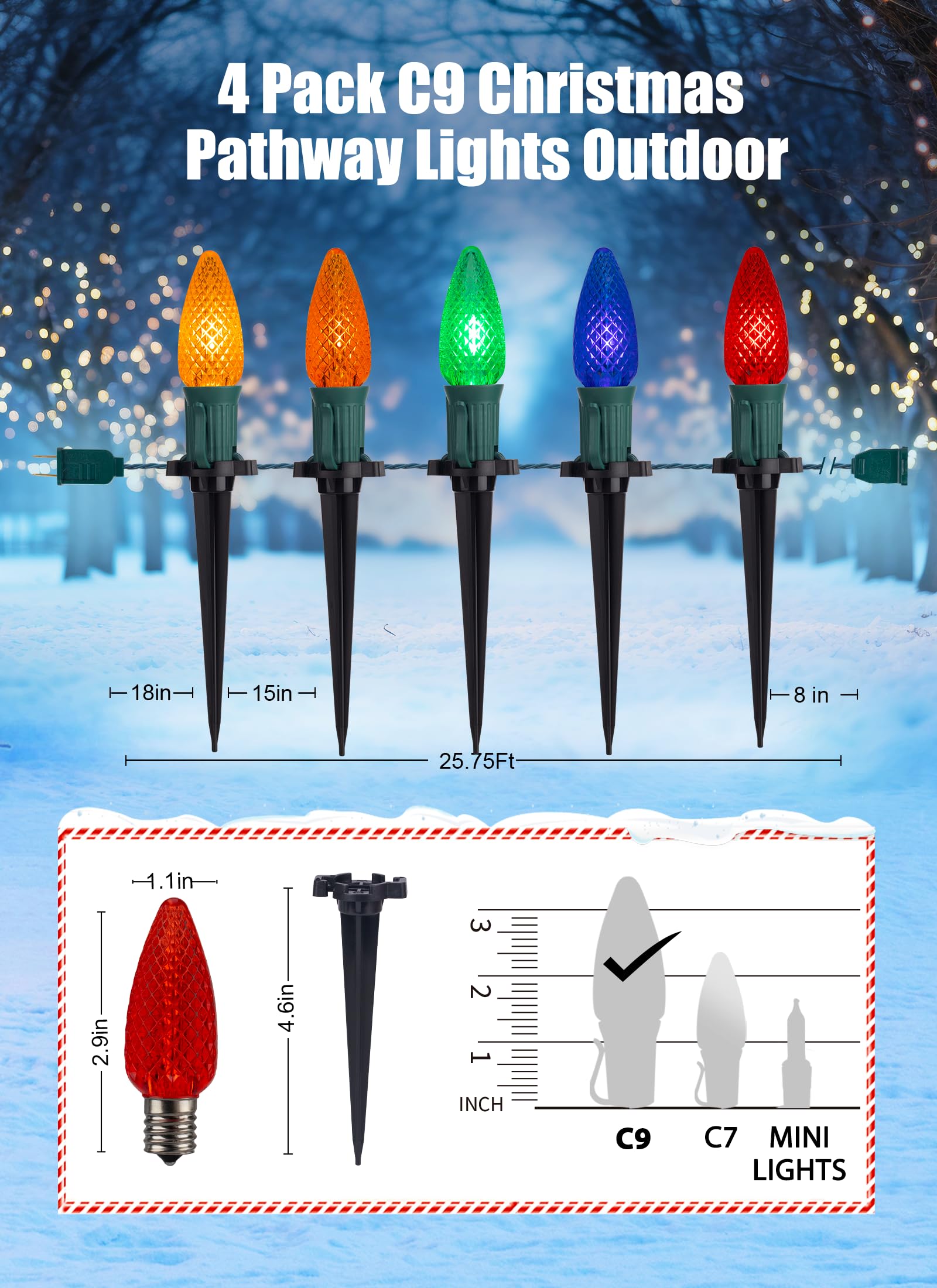 Brightown C9 Christmas Pathway Lights, 20 LED Shatterproof String Lights, 25.7ft, Multicolor, 4 Pack, Model GYPC-O25LAU