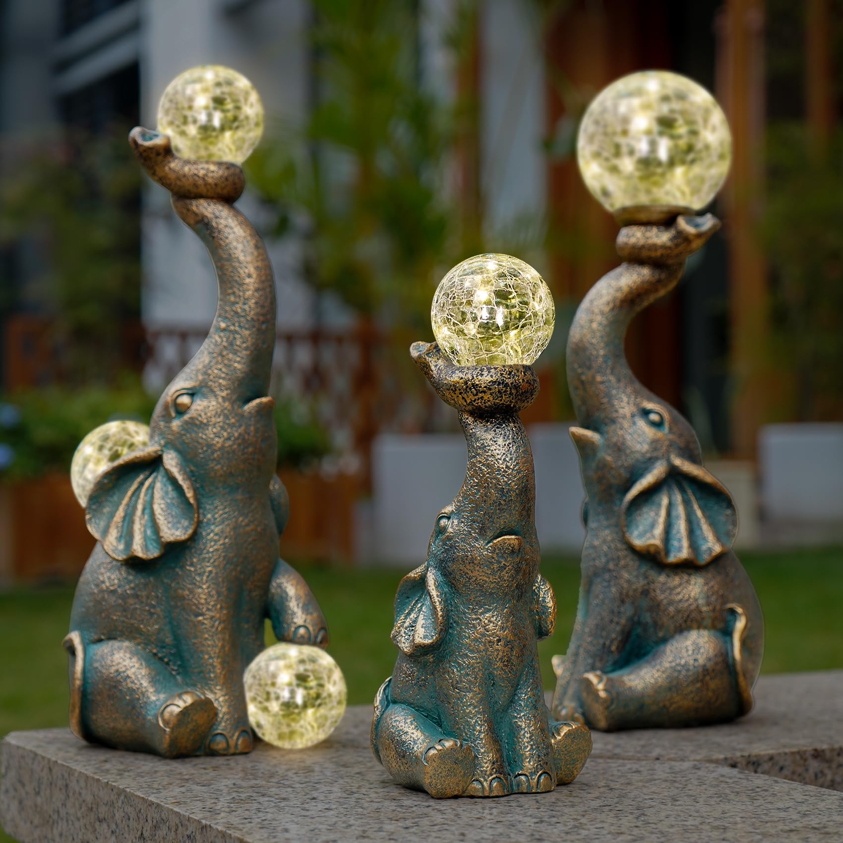 Mininova Garden Decor Outdoor Statues Elephant With Cracked Glass Ball, Cute Solar Figurine For Patio, Lawn, Yard Art Ornament D