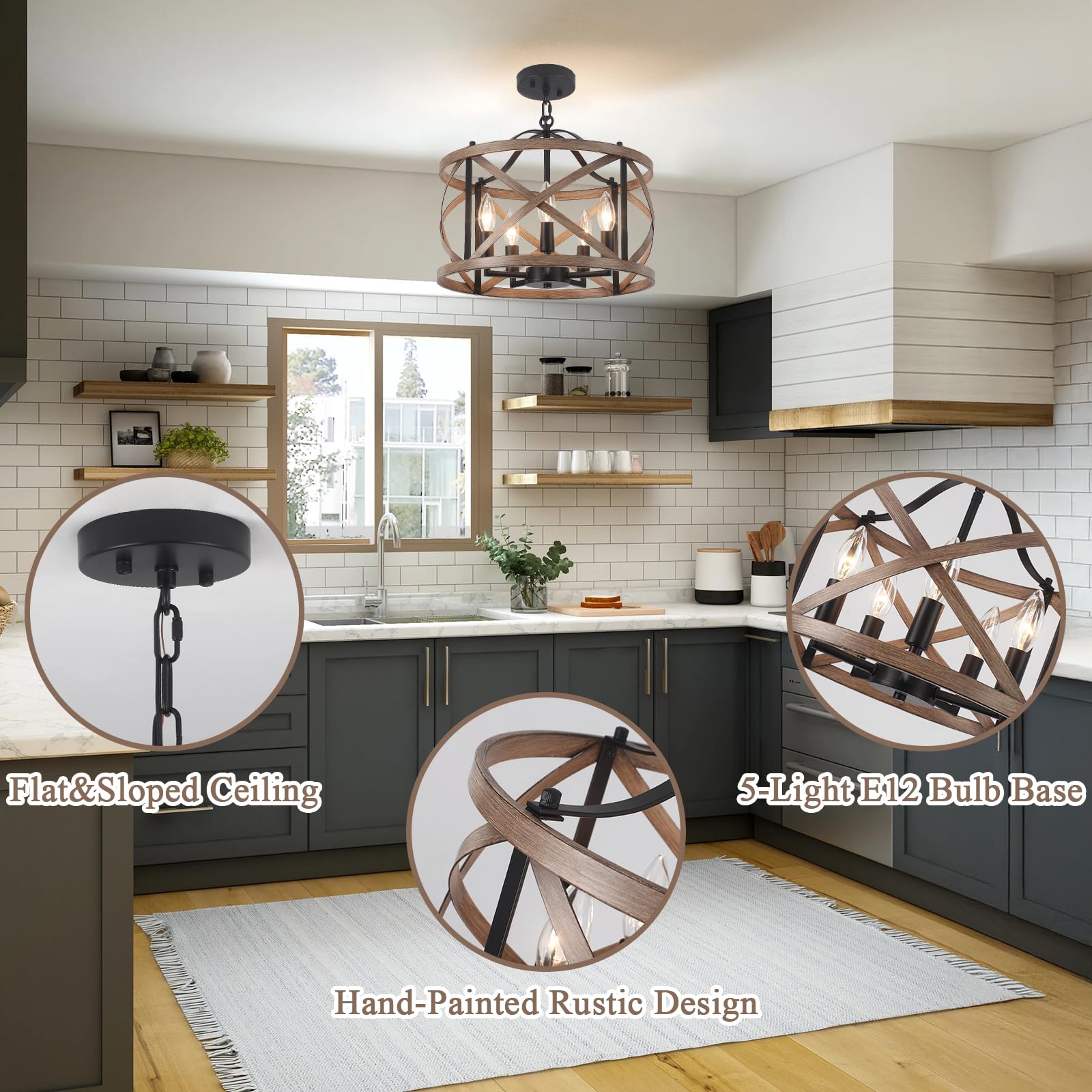 Farmhouse Chandelier For Dining Room, 5-Light Kitchen Pendant Island Light Fixtures E12 Rustic Wood Painted Adjustable Hanging L