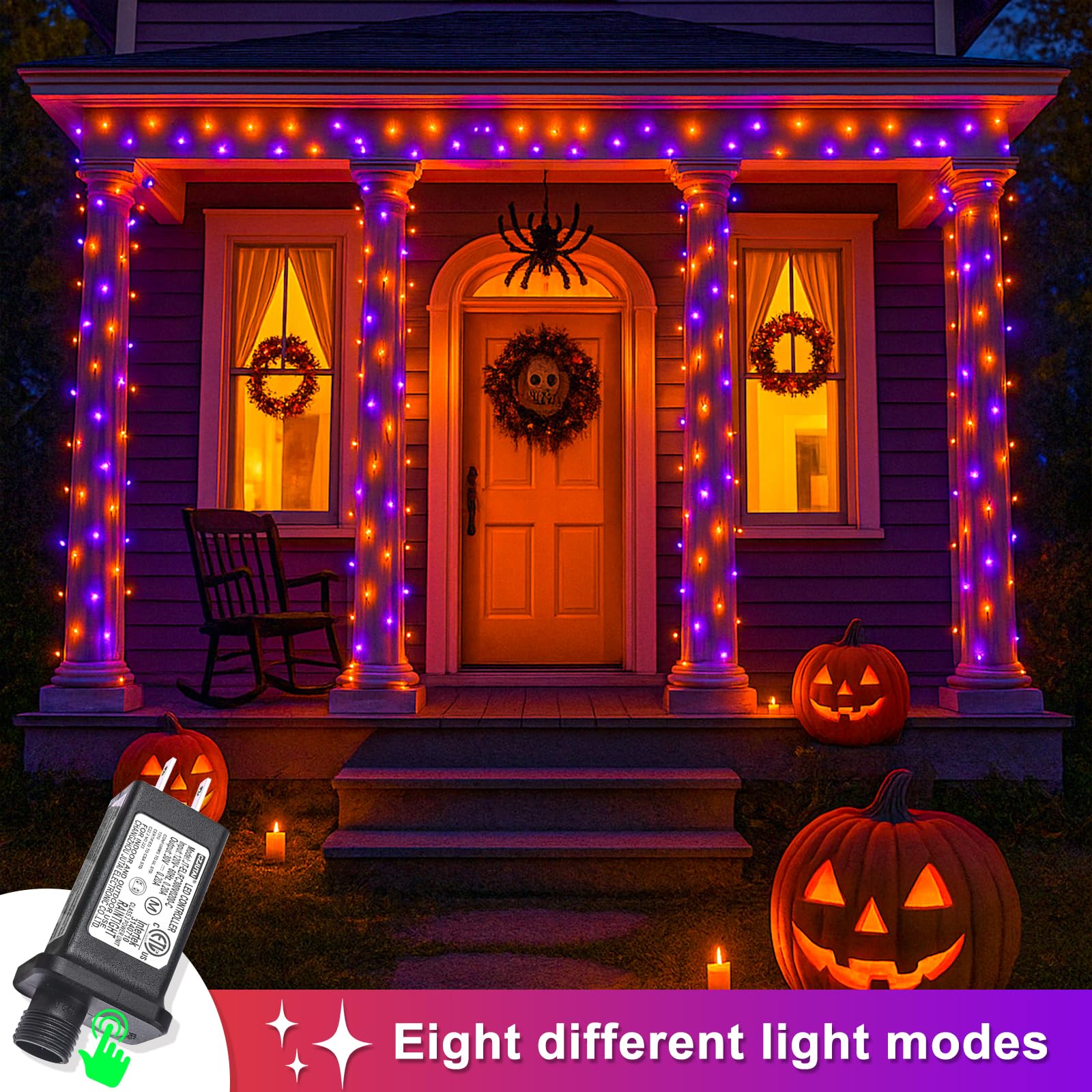 Einiiya 600 Led Christmas String Lights Outdoor  197 Ft String Lights Outdoor Clear Wire With 8 Modes  Plug In Waterproof Lights For Tree Party Christmas Thanksgiving Decorations  Purple&Orange