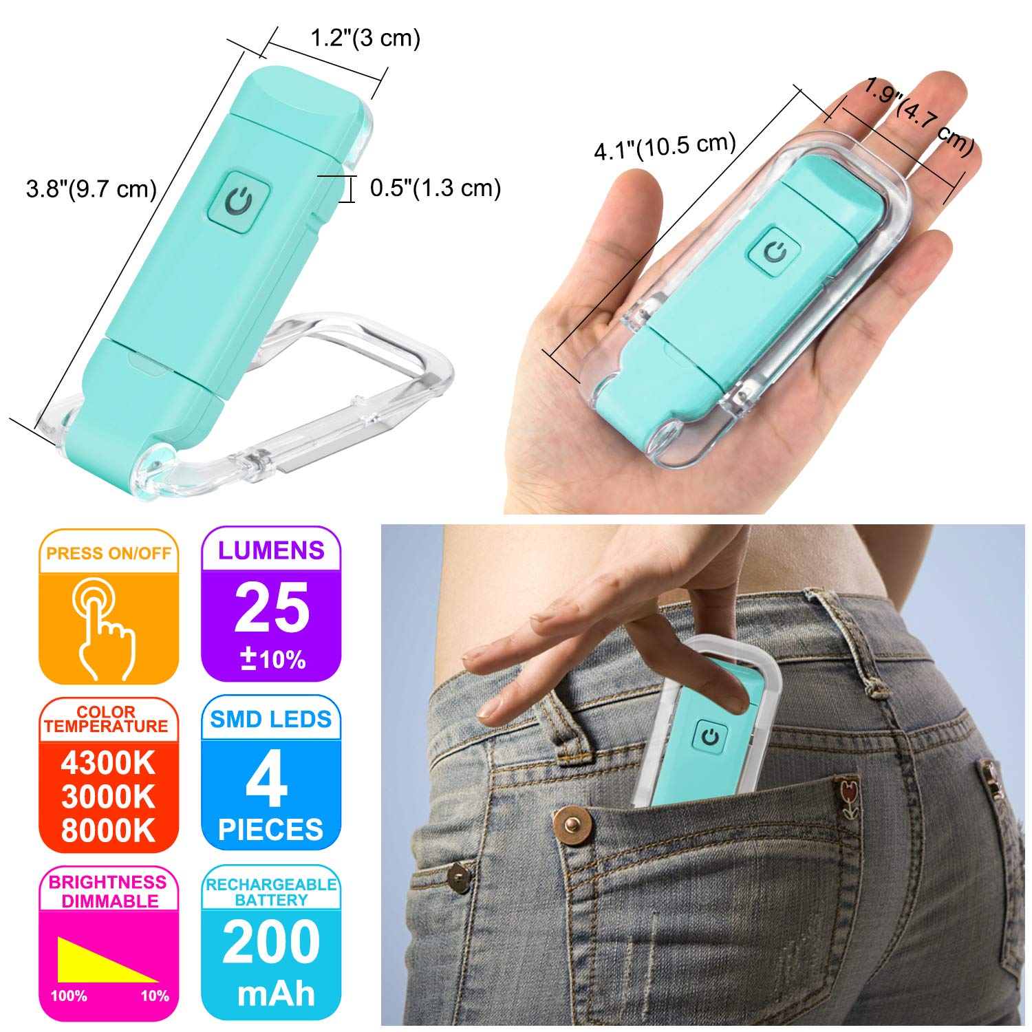 HONWELL Rechargeable Clip On LED Reading Light, 3 Brightness Levels, Portable Bookmark Lamp, Blue, Model H008YW-B