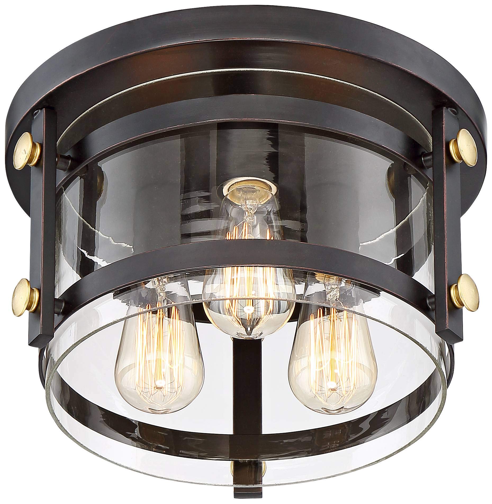 Franklin Iron Works Ceiling Light 3-Light Flush-Mount Fixture 13.5in Oil-Rubbed Bronze Gold Clear Glass Shade Model 35F49