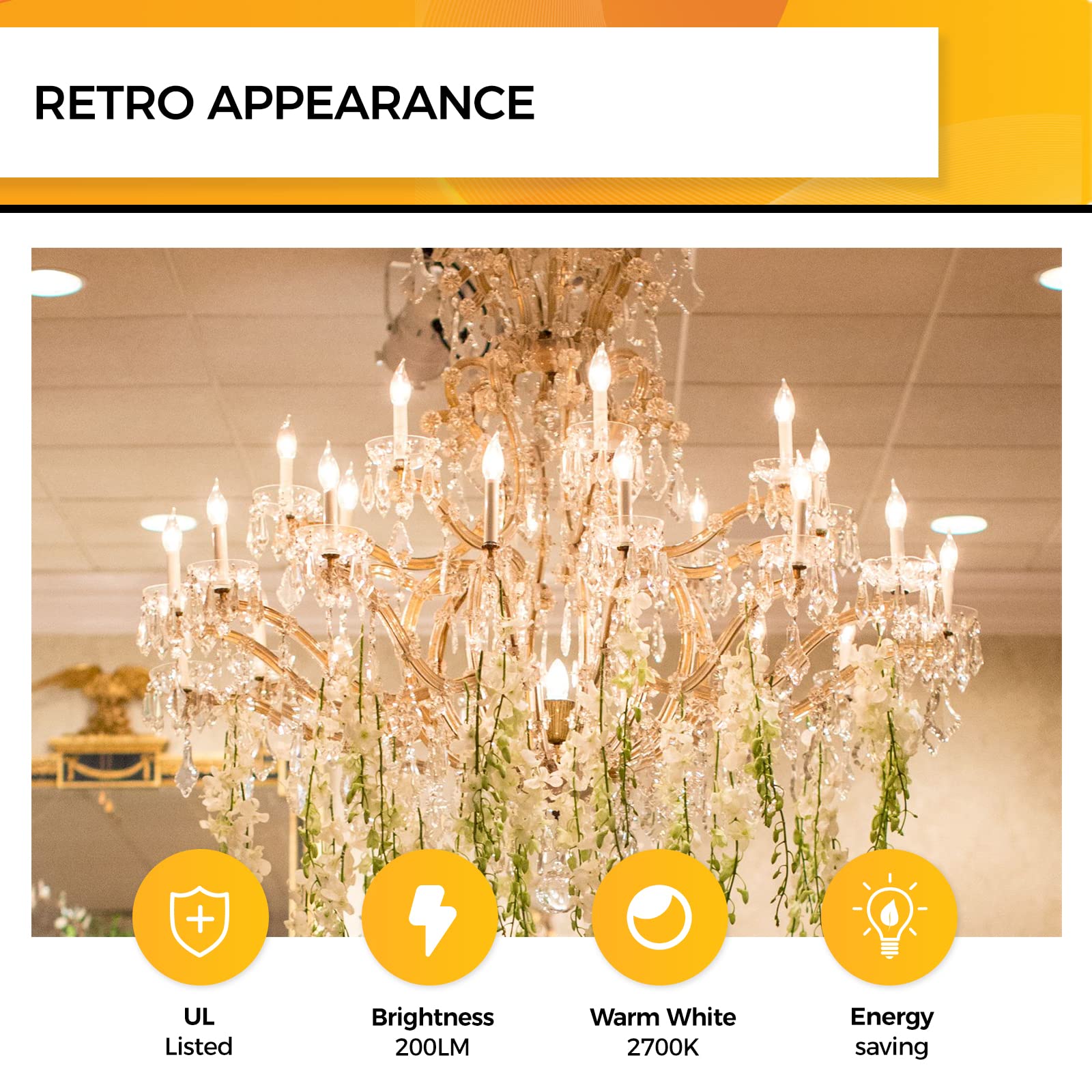 Hizashi 90+ Cri Dimmable E12 Led Candelabra Bulb 25W Equivalent, 2700K Soft Warm White, 12 Pack, Glass, Ca10 Flame