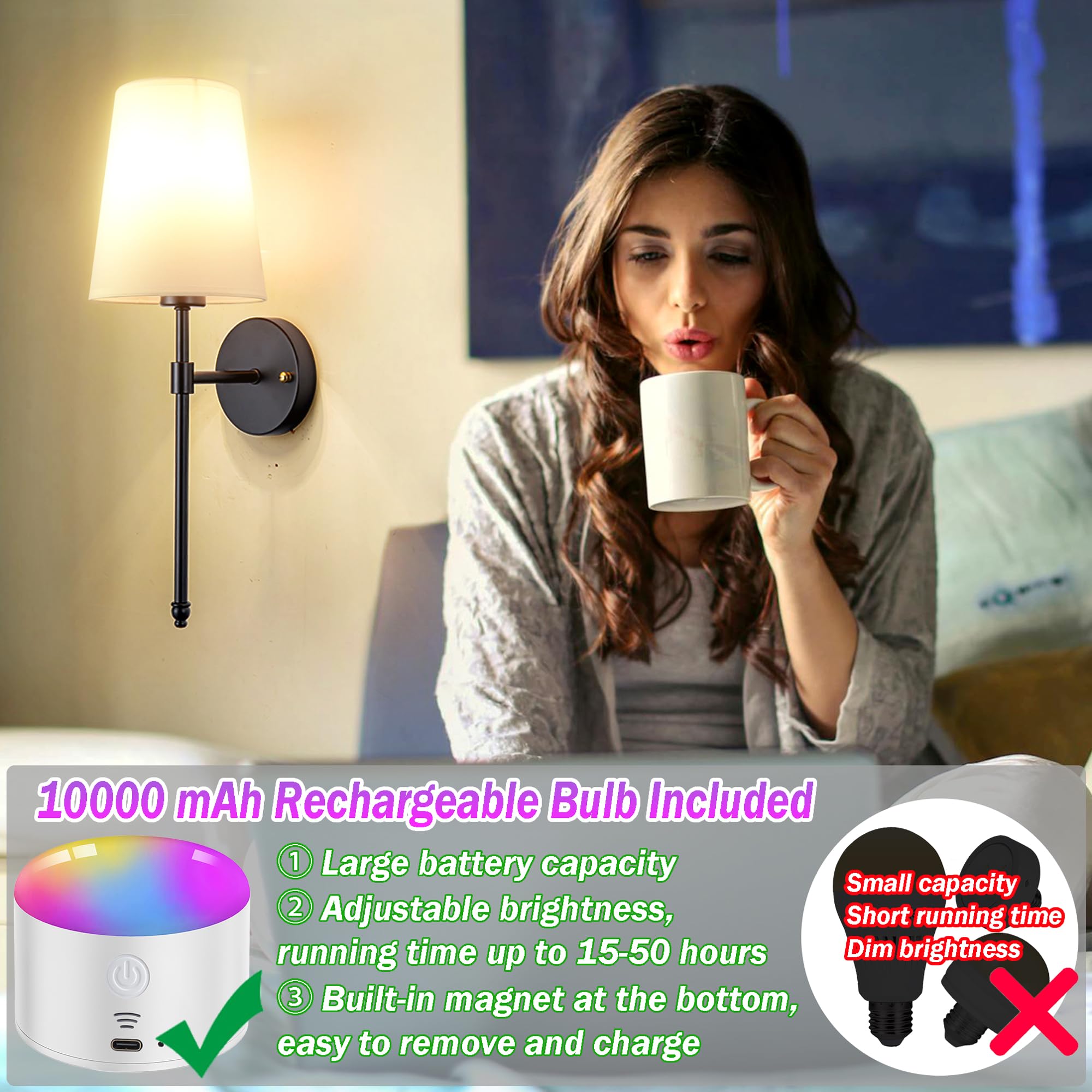 Battery Operated Wall Sconce Light With Remote Control, Dimmable Wall Sconce Set Of 2 With White Fabric Shade, Indoor Wireless B