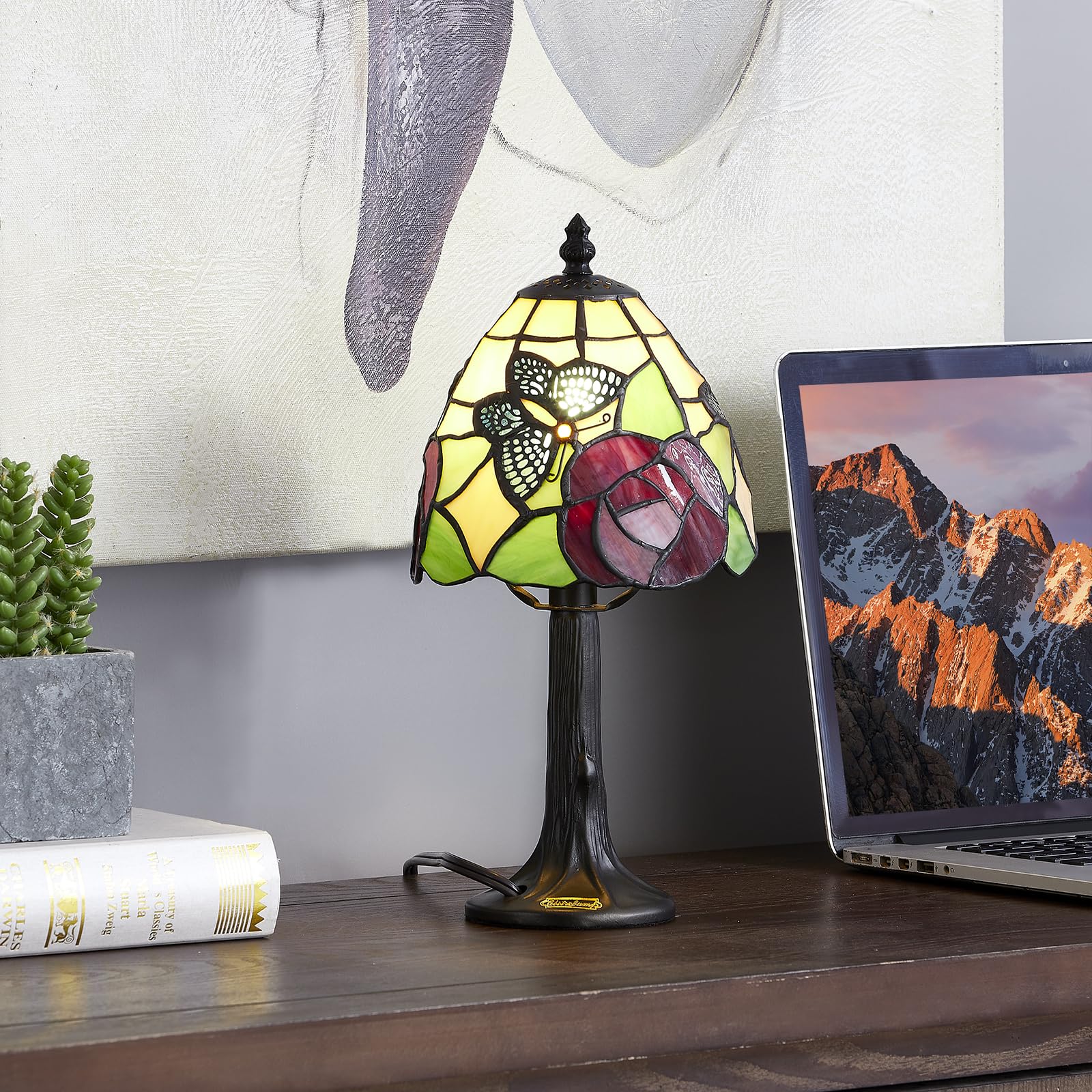 Glitzlamp Butterfly Tiffany Style Stained Glass Table Lamp With 6-Inch Wide Complicated Design Lampshade Resin Base For Living R