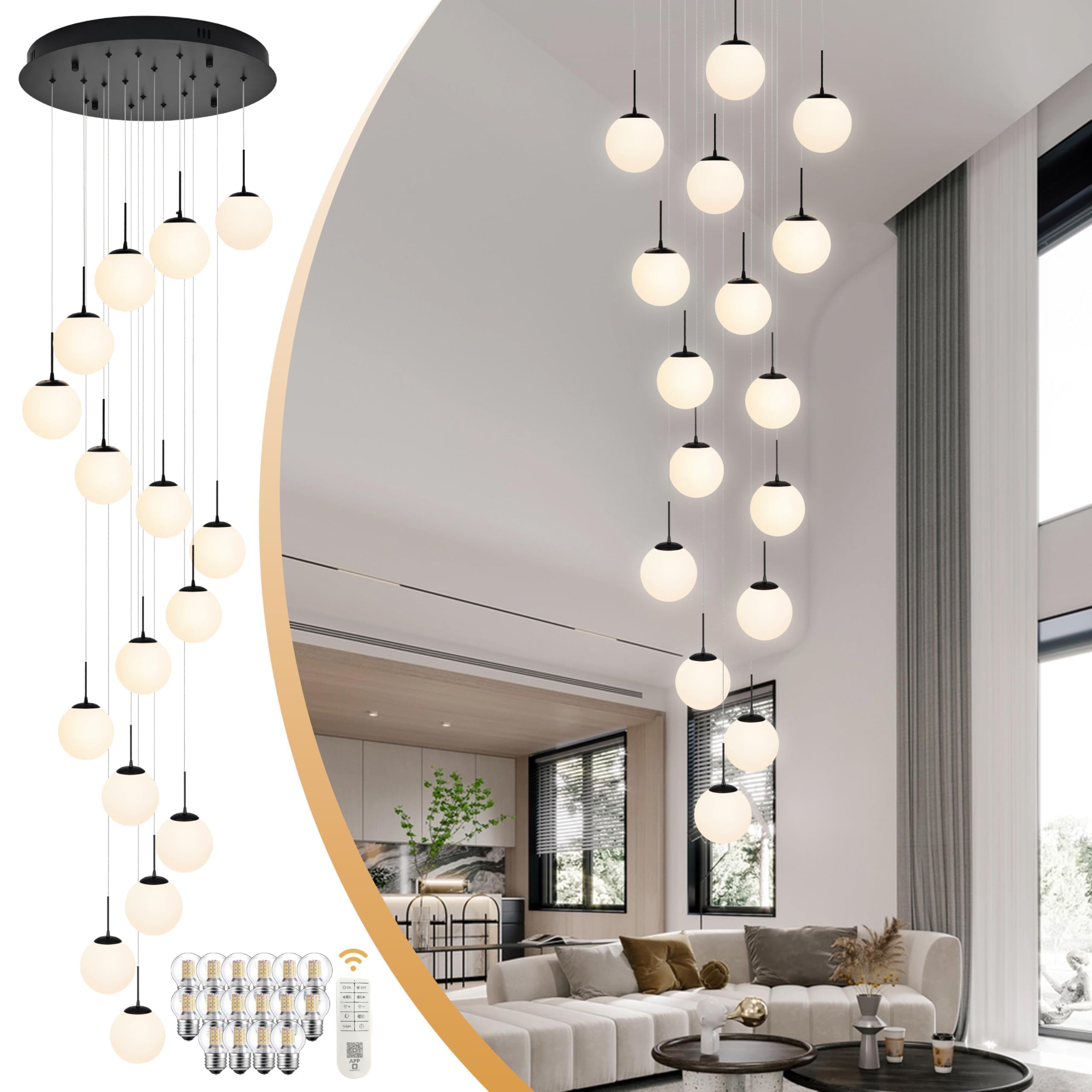 Koko&Yukina 16-Light Black Mid Century Modern Chandelier For Living Room Staircase Chandelier For Entryway Globe Milky White Gla
