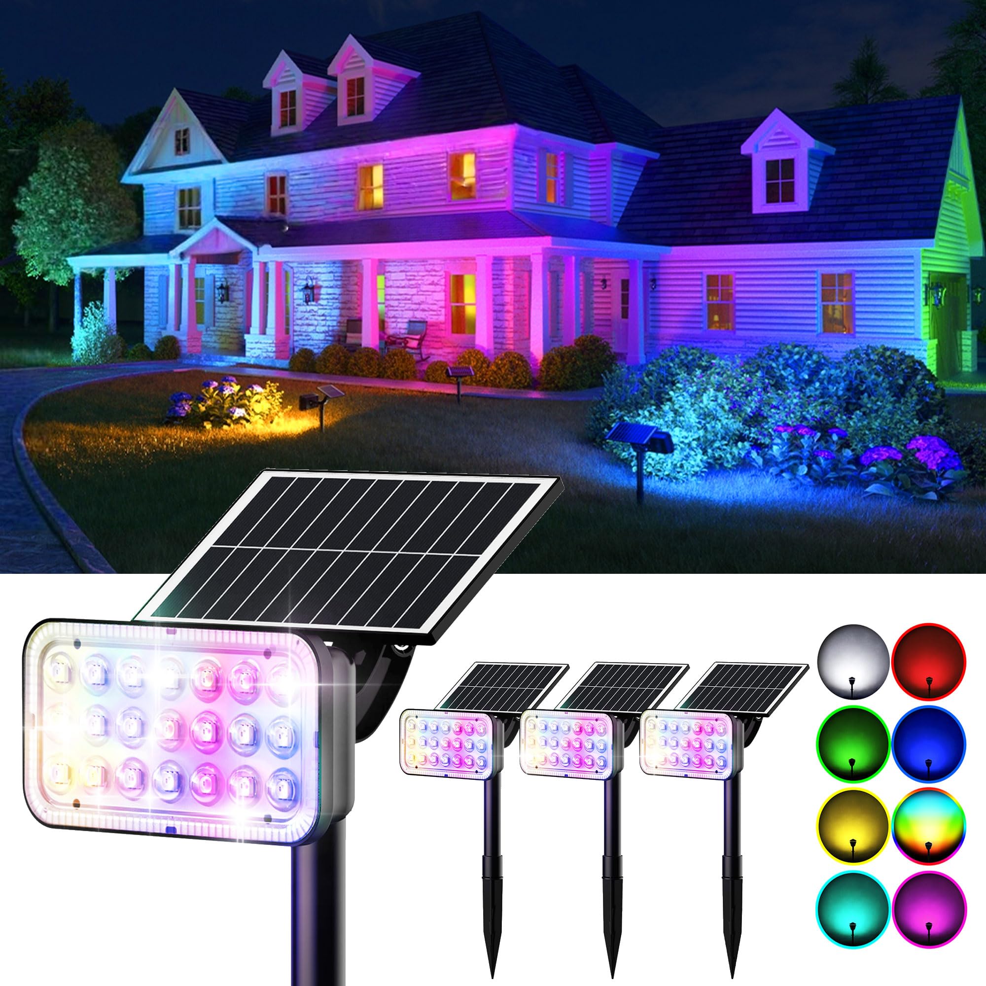 Jackyled Solar Spot Lights Outdoor, 84 Led 7 Color Changing Solar Lights Outdoor Waterproof With 9 Modes, 360 Adjustable Landsca