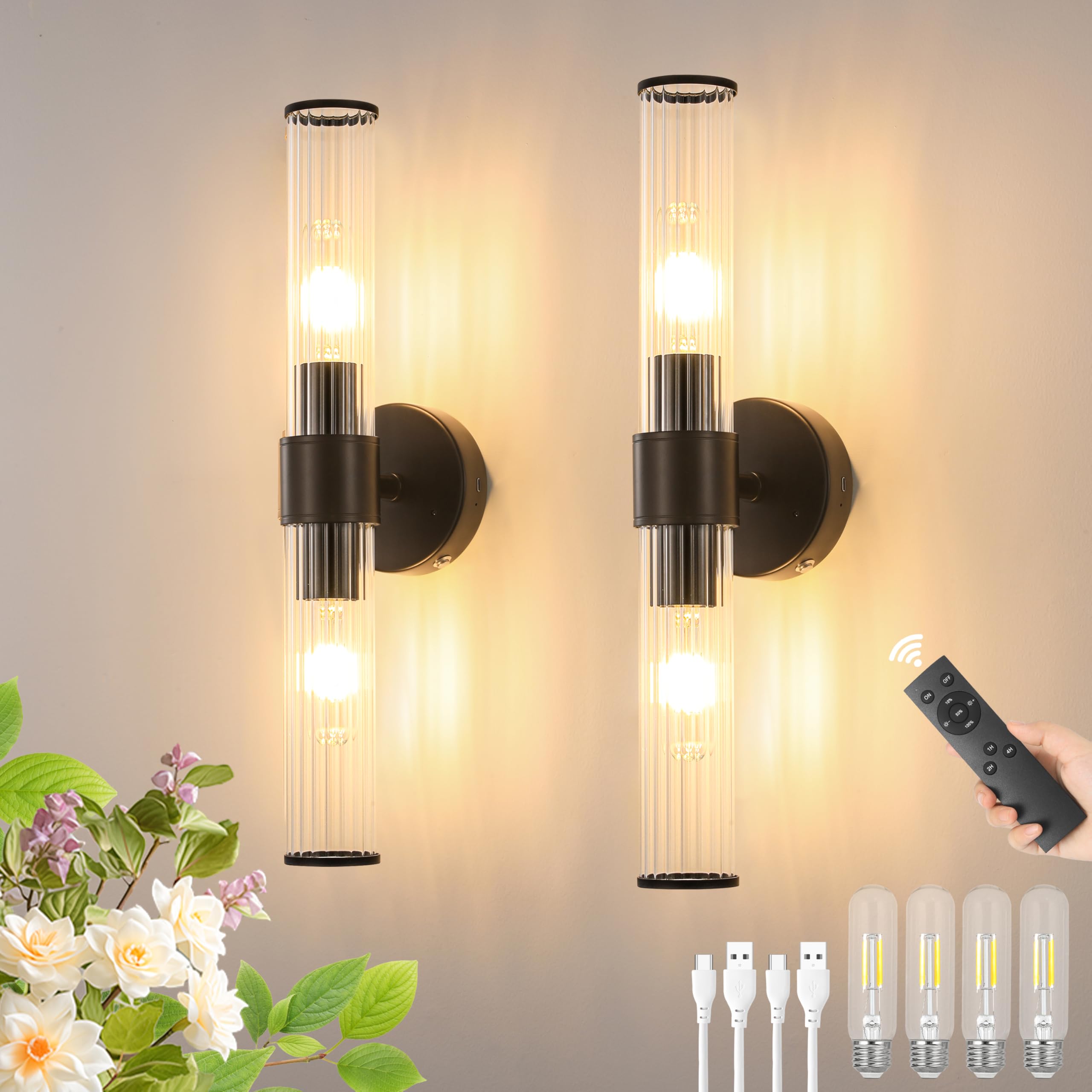 Battery Operated Wall Sconces Set of 2, Rechargeable Wall Lights with Dimmable Remote Control, 20 Modern Sconce Wall Lighting, B