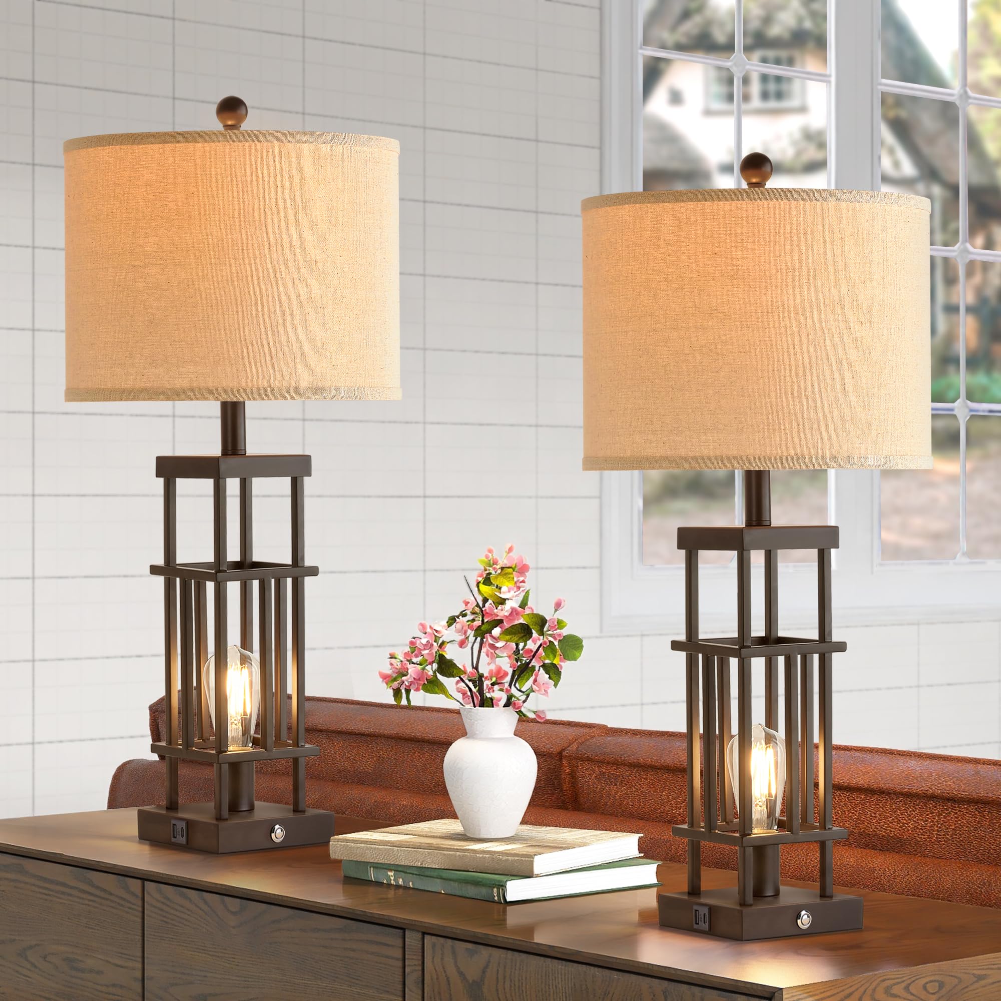 Bzzmmb 29.5'' Table Lamps For Living Room Set Of 2, Farmhouse Table Lamps With Usb C+A Ports, Touch Control Bedside Lamps With O