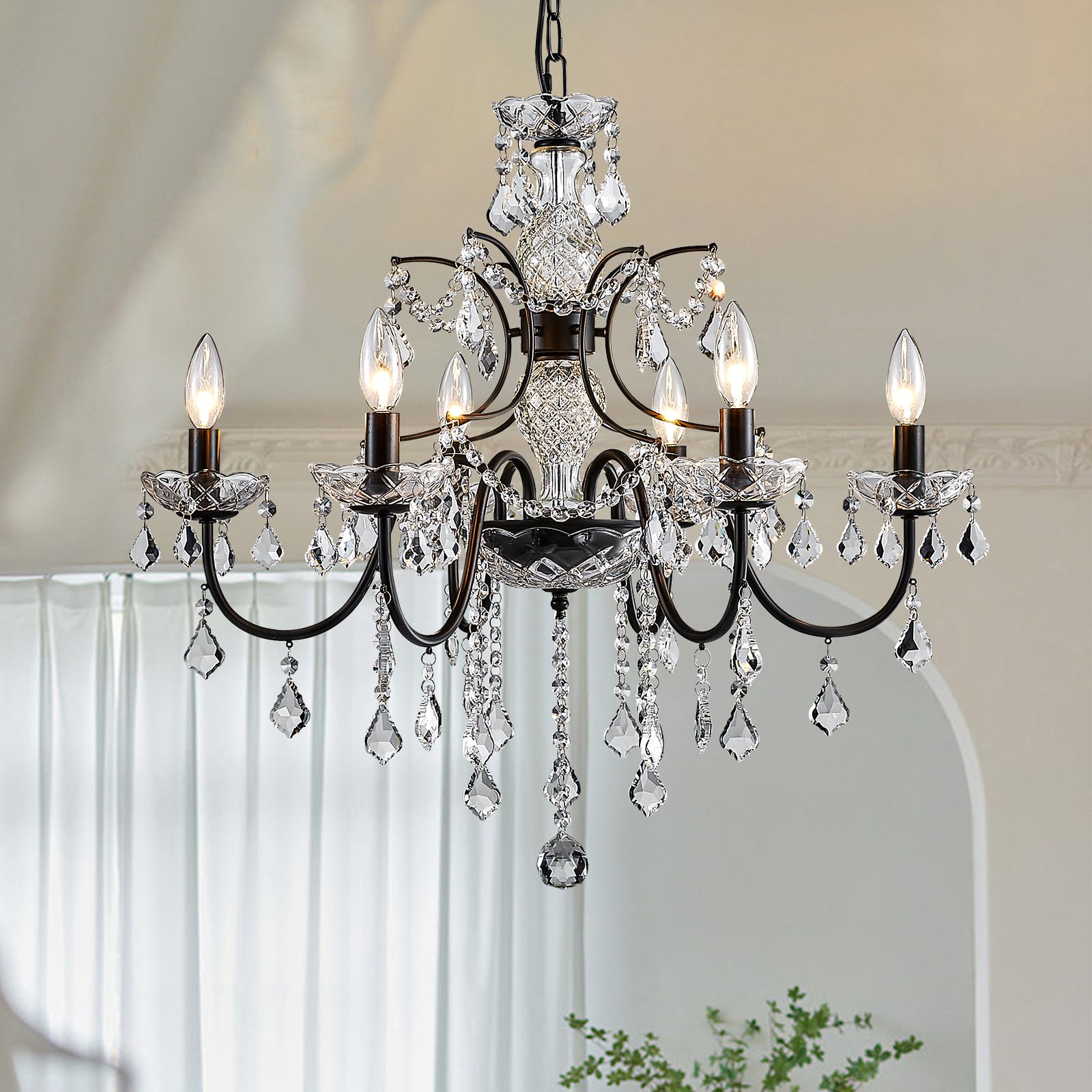 Bestier Black Finish Elegent Crystal Candle Candelabra Chandelier 6 Light Lighting Fixture LED Pendant Ceiling Light Dia 26 in x