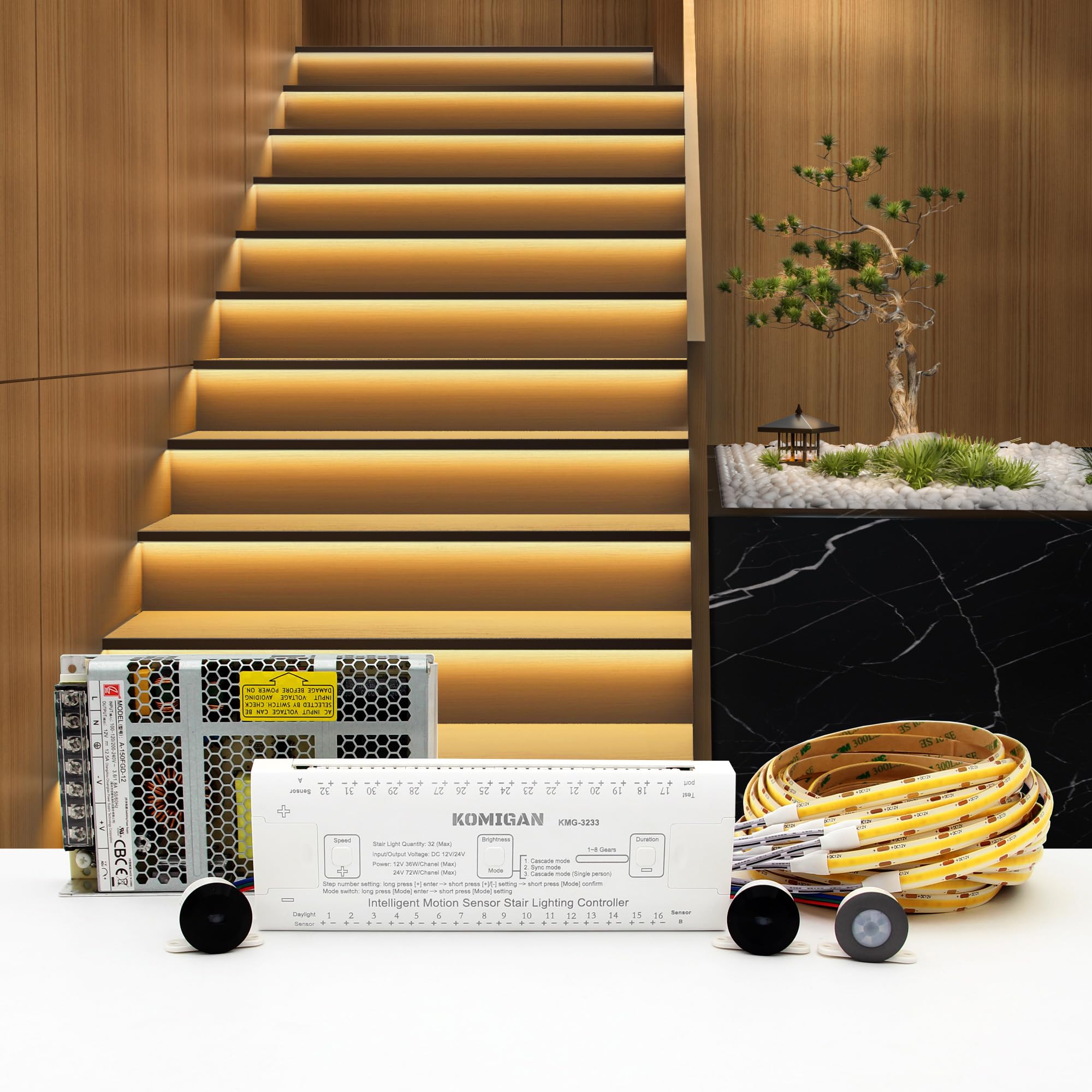 Komigan Intelligent Motion Triggered Led Stair Lighting Kit Kmg-3233  40 Cuttable Led Strip Light For Indoor Led Stair Lights (Warm White 3000K 18 Stairs)