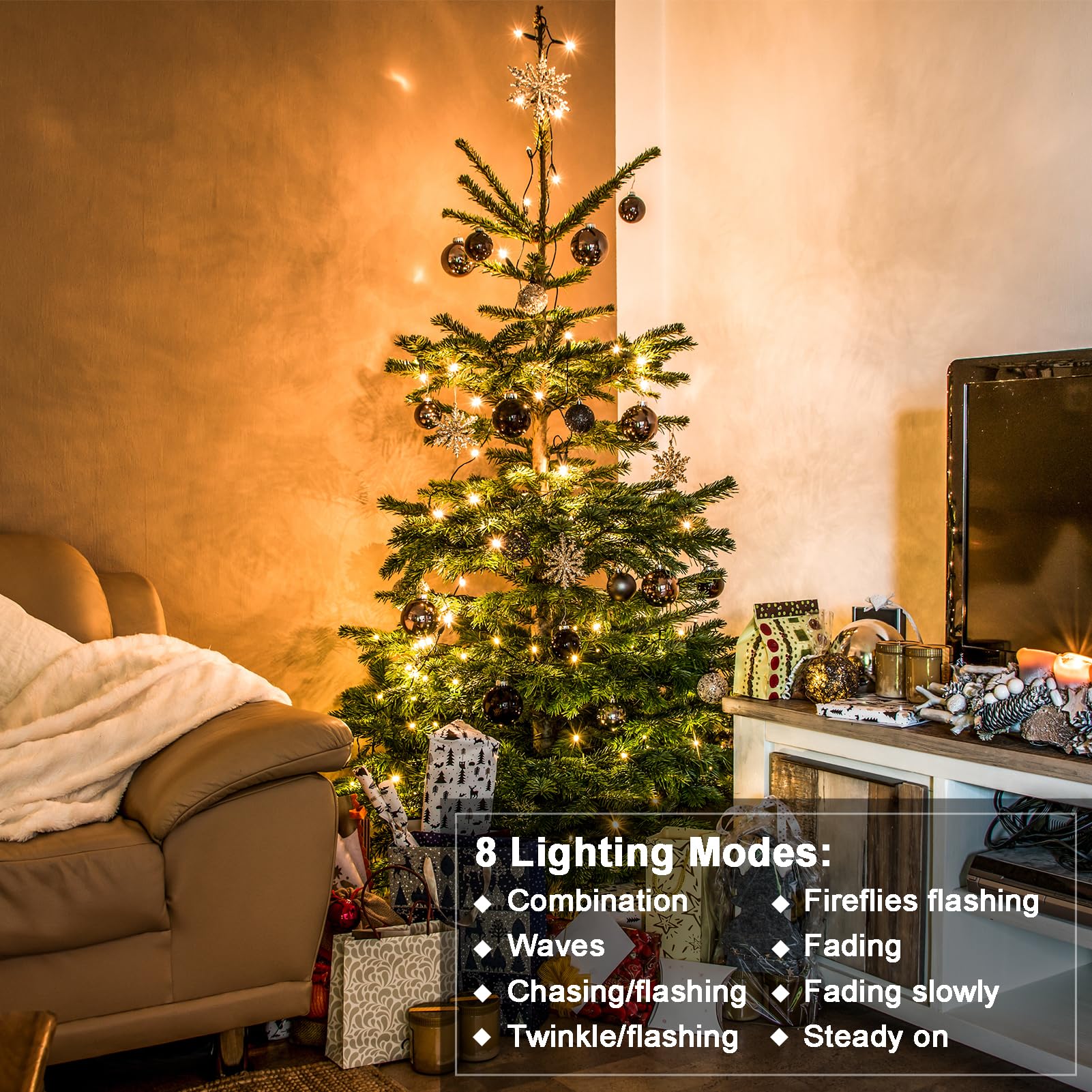 2 Pack Christmas String Lights Battery Operated, 33Ft 100 Led Fairy Lights Waterproof Green Wire Wreath Lights Tree Lights With Remote 8 Modes Timer For Bderoom Wedding Decoration (Warm White)