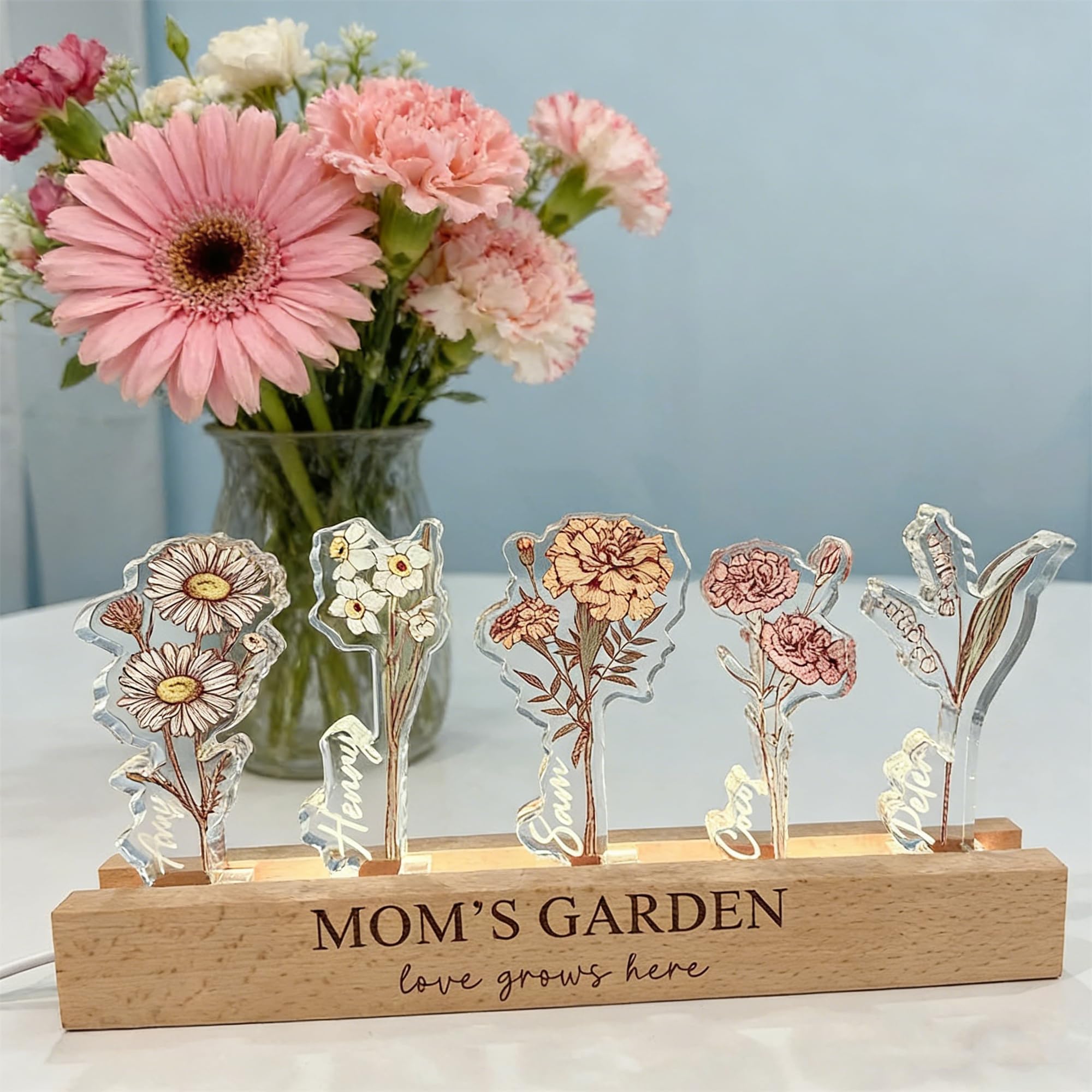 MUST PRIDE Custom Birth Flower 3D Crystal Acrylic LED Light - Personalized Moms Garden Night Light with Kids Birthdates& Names W