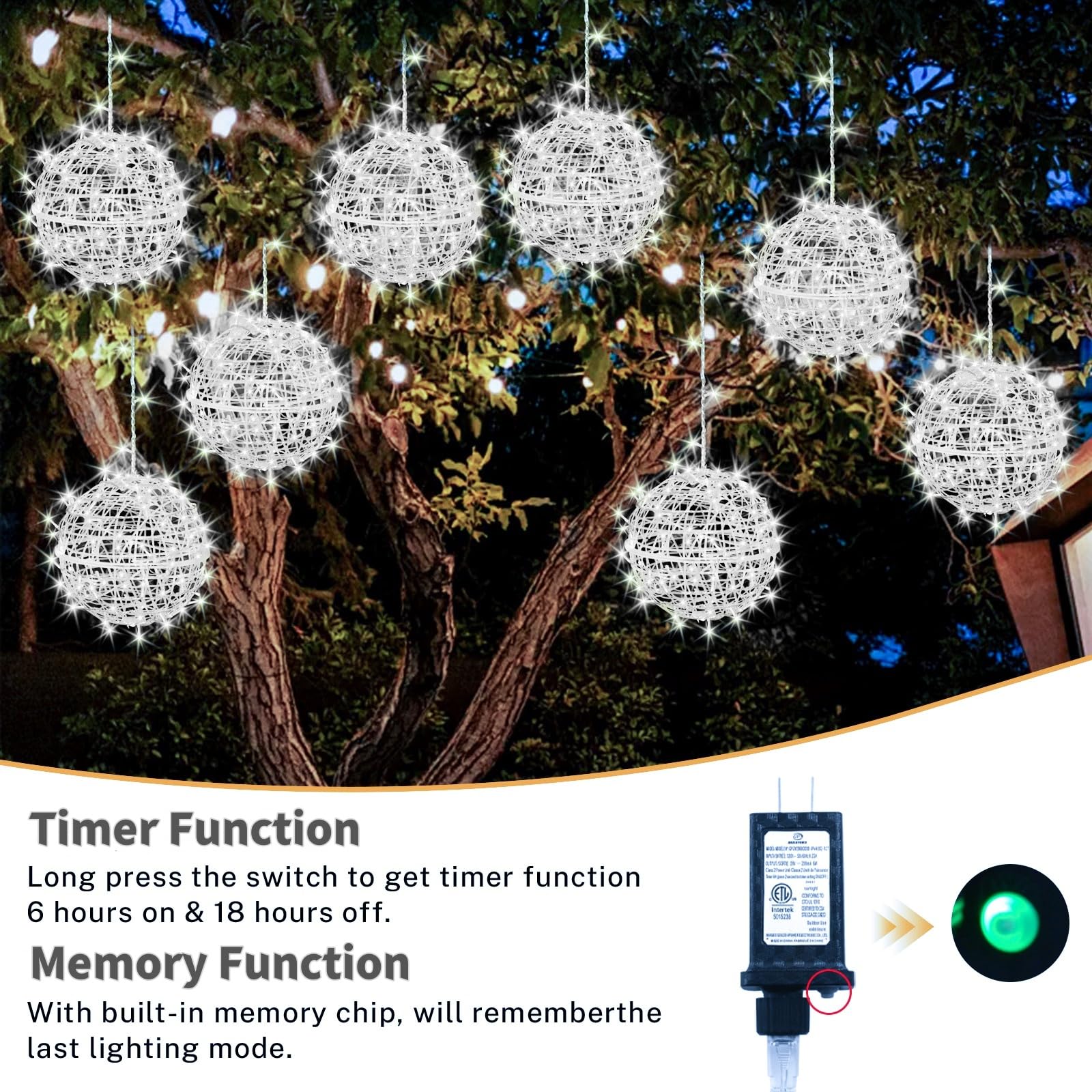 Outdoor Christmas Balls Lights 4 Pack Hanging 7.9" Led Garden Sphere Tree Lights 8 Modes Waterproof Glow Globe Light With Memory Timer Plug For Yard Porch Eave Patio Home Bedroom Decoration-Cool White