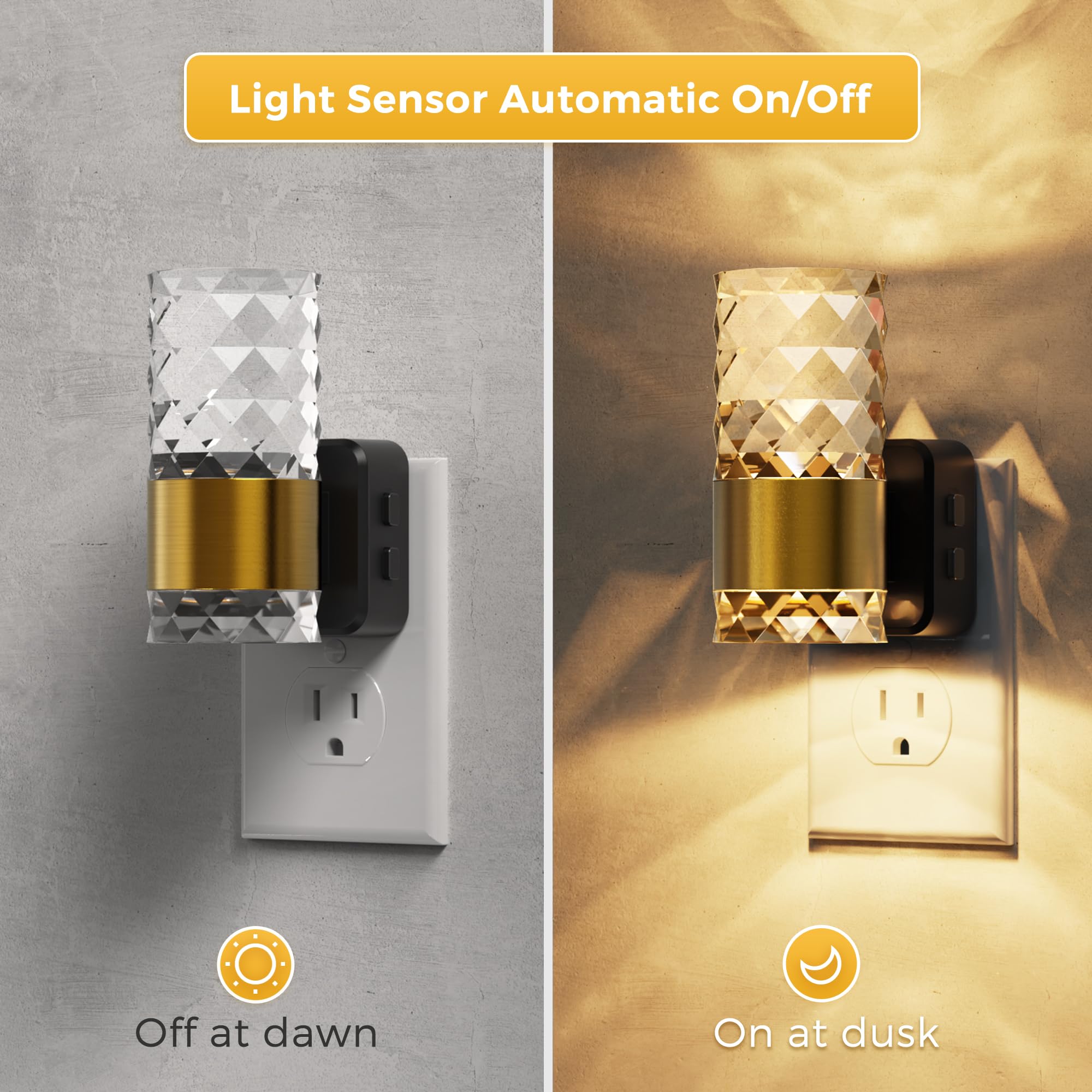 L LOHAS LED Night Light, 10-Color RGB, 10/50/100LM Adjustable, 2 Pack, Plug-in with Dusk to Dawn Sensor, Gold Ring-Chips RGB