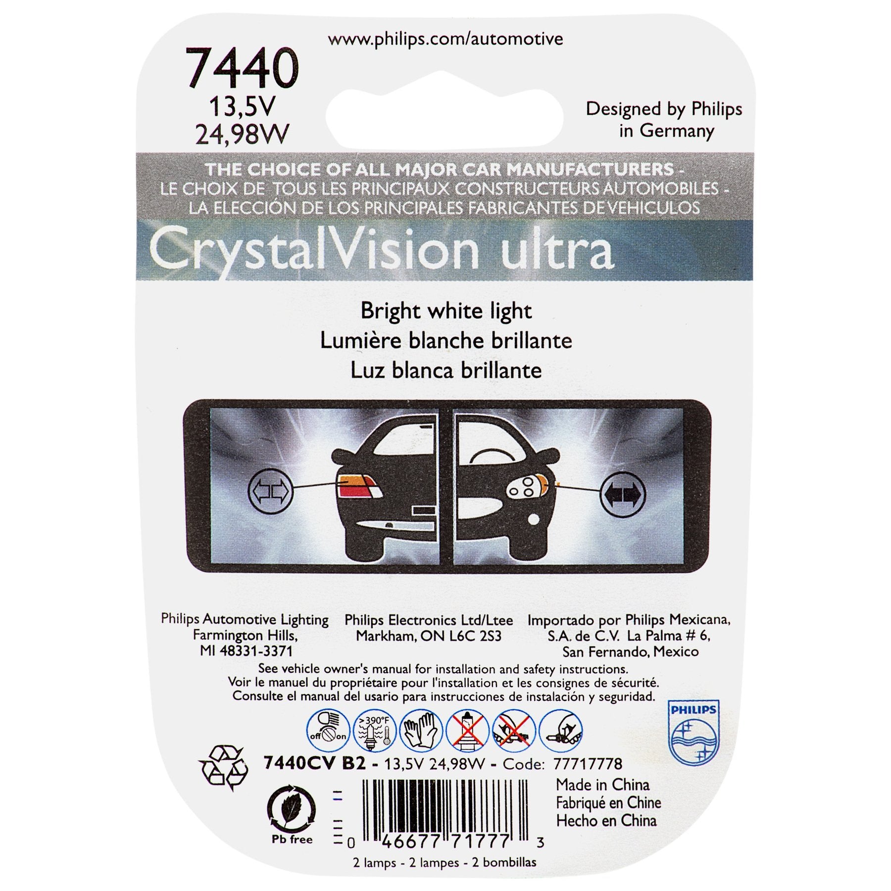 Philips 7440CVB2 CrystalVision Ultra Miniature Bulb, 2 Pack
