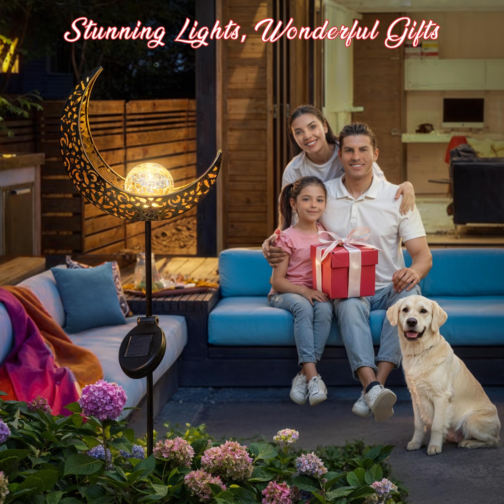 Homeimpro 2Pack Moon Garden Solar Lights Outdoor Stakes, Waterproof Crackle Glass Metal Patio, Backyard Decorations, Balcony Lawn Ornaments, Gifts For Mom Dad Grandma (Bronze)