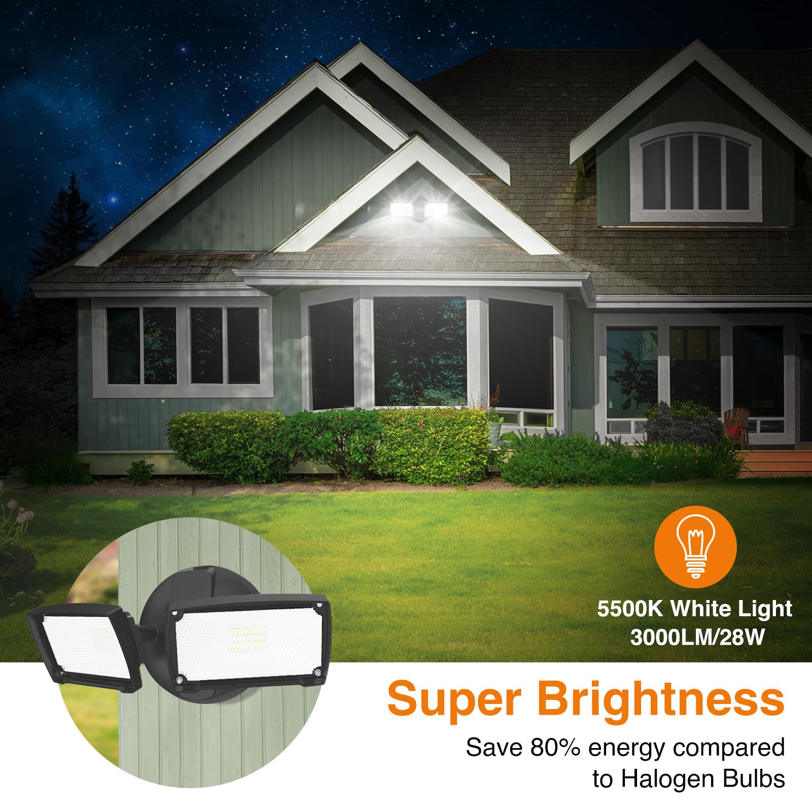 LEPOWER 3000LM LED Flood Light, 28W Outdoor Security Light, 2 Adjustable Heads, IP65 Waterproof, Black, Model YY01D-BL