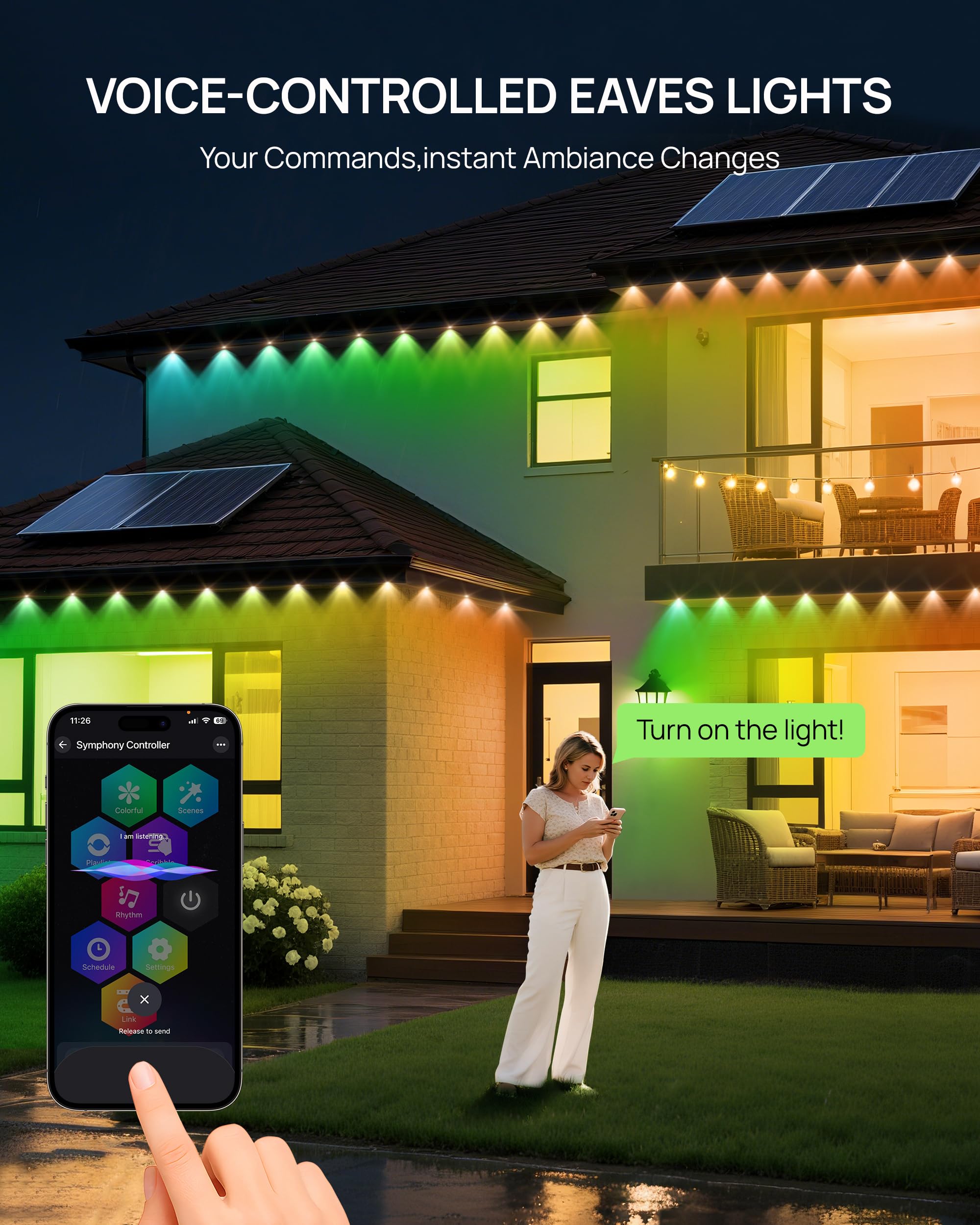 VCOKEN 111FT Smart RGB LED Outdoor Lights, IP65 Waterproof, App Control, White, Model AED36H-2401500VLSO8, Perfect for Holiday Decor
