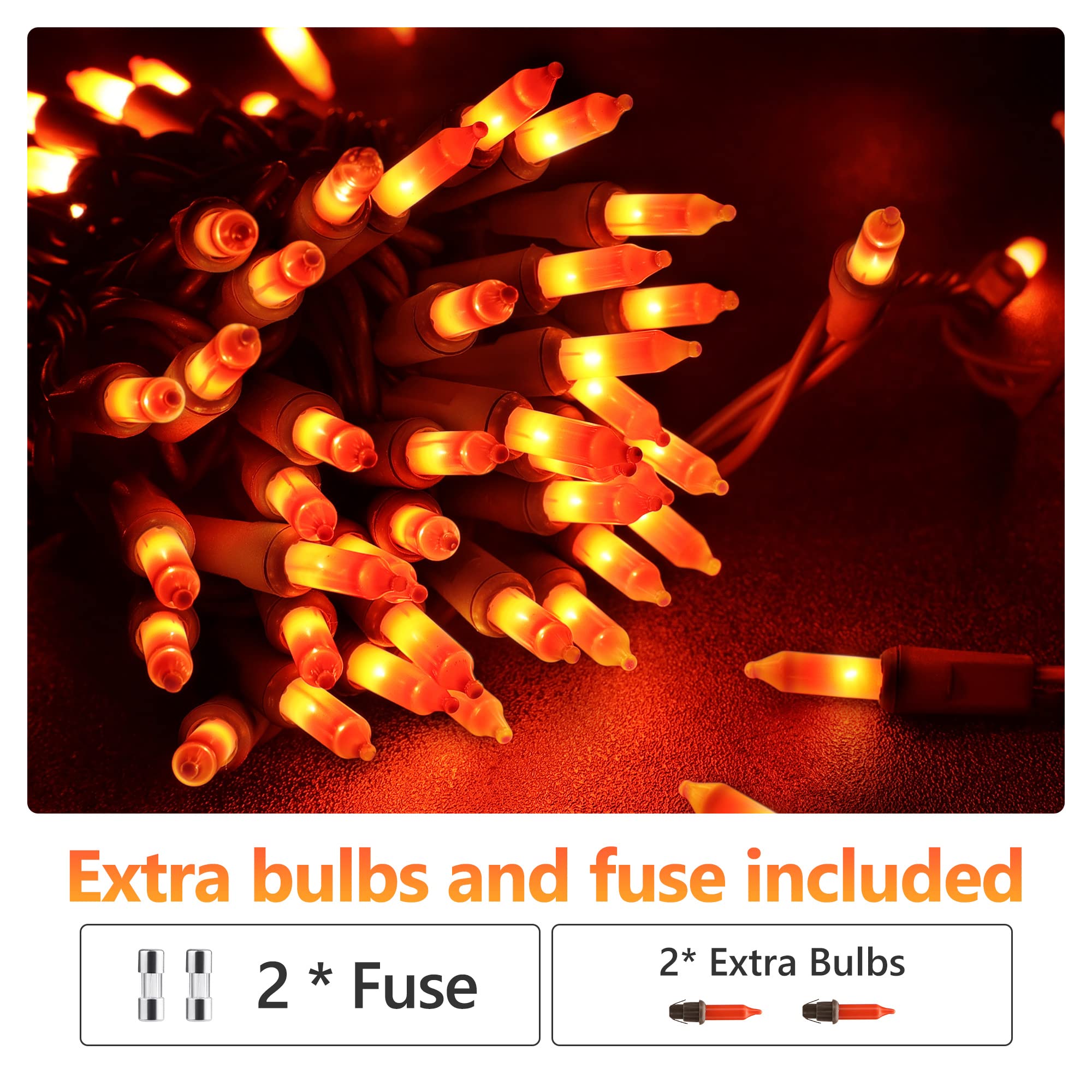 ODEETRONIC Orange Halloween Lights, 100 Count, 21.63ft, Mini Indoor/Outdoor String Lights, Brown Wire