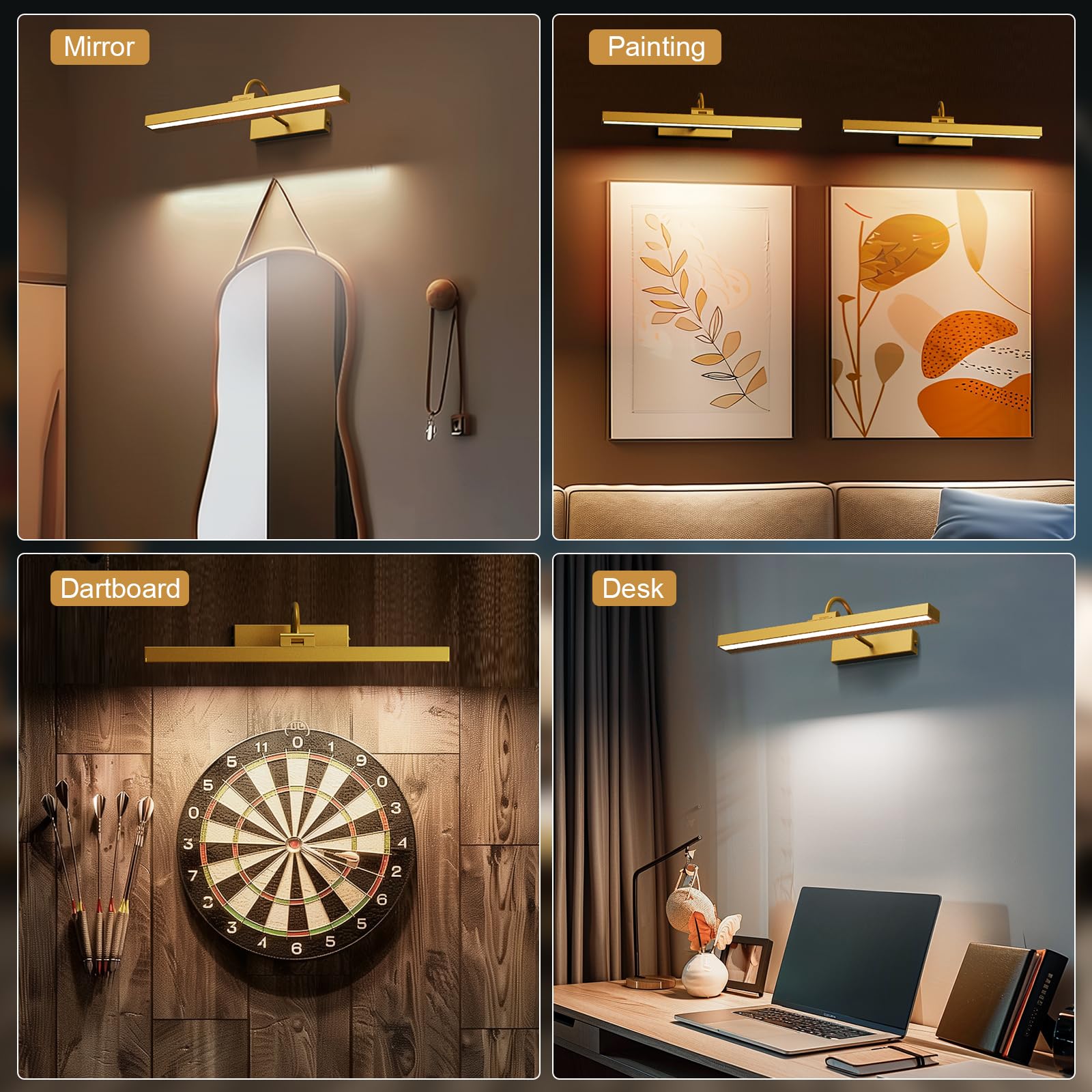 Bridika Picture Light 2 Pack, Rechargeable Wall Lights, Dimmable, Timer, Remote Control, 15.7in, Aluminum, Gold, Model QS31088