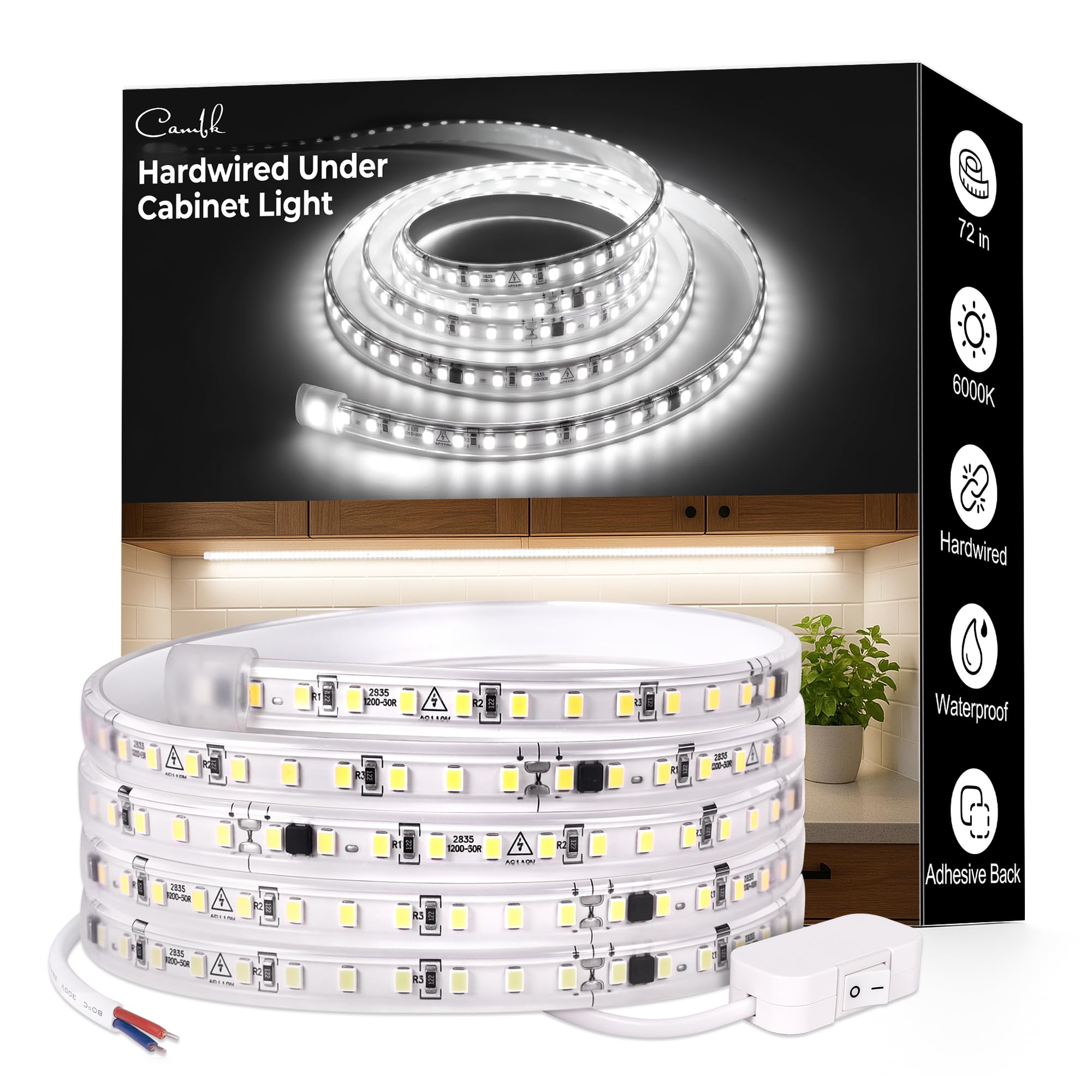 cambk 72inch Hardwired Under Cabinet Lighting for Kitchen 120V Wired Undercounter Led Band Lights 6000K White Waterproof  Luces para Cocina Bajo Gabinete Under Shelf Lights for Sink/Workbench