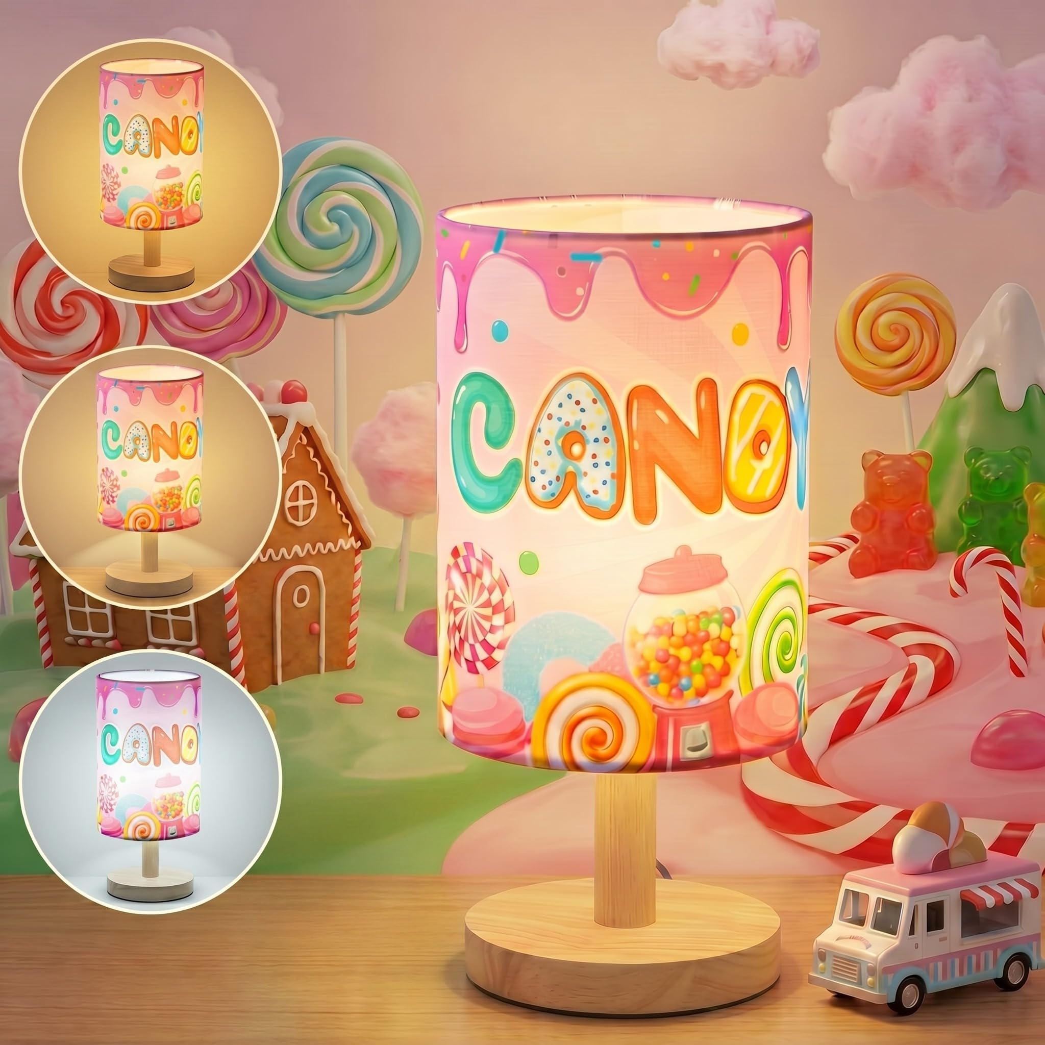 Tujoe Kids Table Lamp Candyland Theme Bedside Lamp with Fabric Shade, Cute Candy Lollipop Doughnut Nursery Night Light for Girls