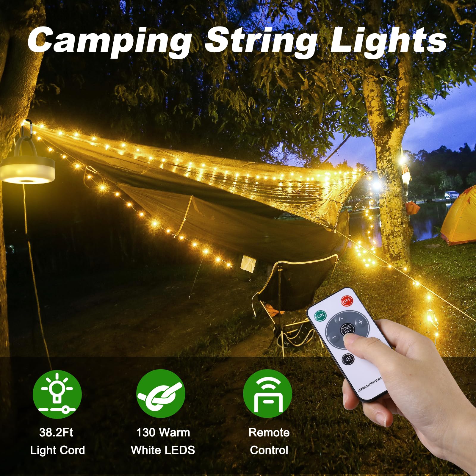 SMY Lighting 3 in 1 Camping String Light, Rechargeable 32.8Ft, Warm White, USB, Army Green, Model SMY-CPL-01