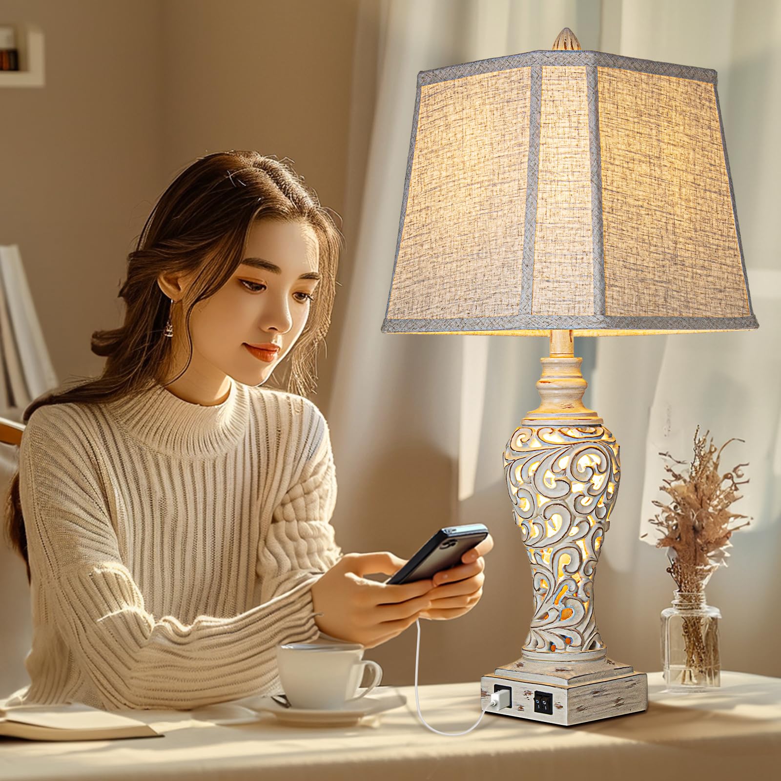 LuxSight Collection 28.5" Table Lamps Set of 2 - Cream Fabric Shades with USB & Nightlight for Bedroom and Living Room - Model LC14