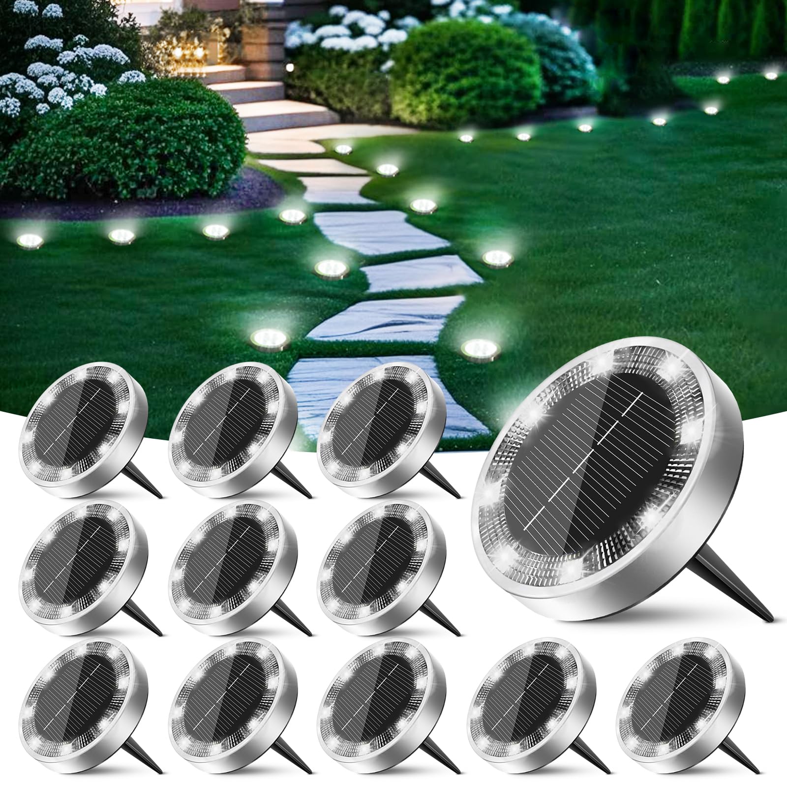 Peasur Solar Ground Lights, 12 Pack, IP68 Waterproof, Cool White, Landscape Lighting for Pathway and Garden, Model SF20251004B0F43F29CJ
