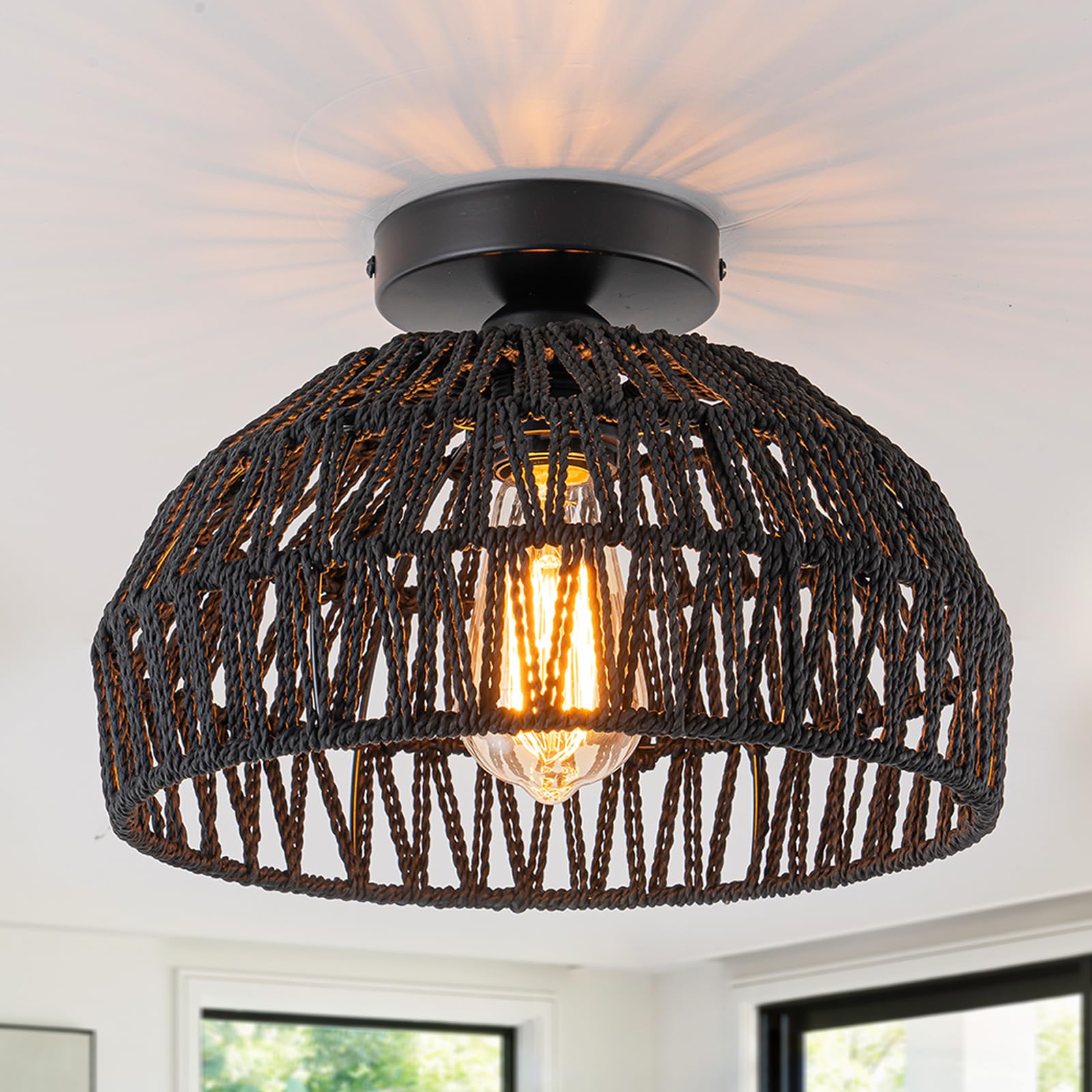 DSLITING Black Rattan Ceiling Light Fixtures Boho Chandelier Small Woven Flush Ceiling Mount Lighting Fixture Close to Ceiling L